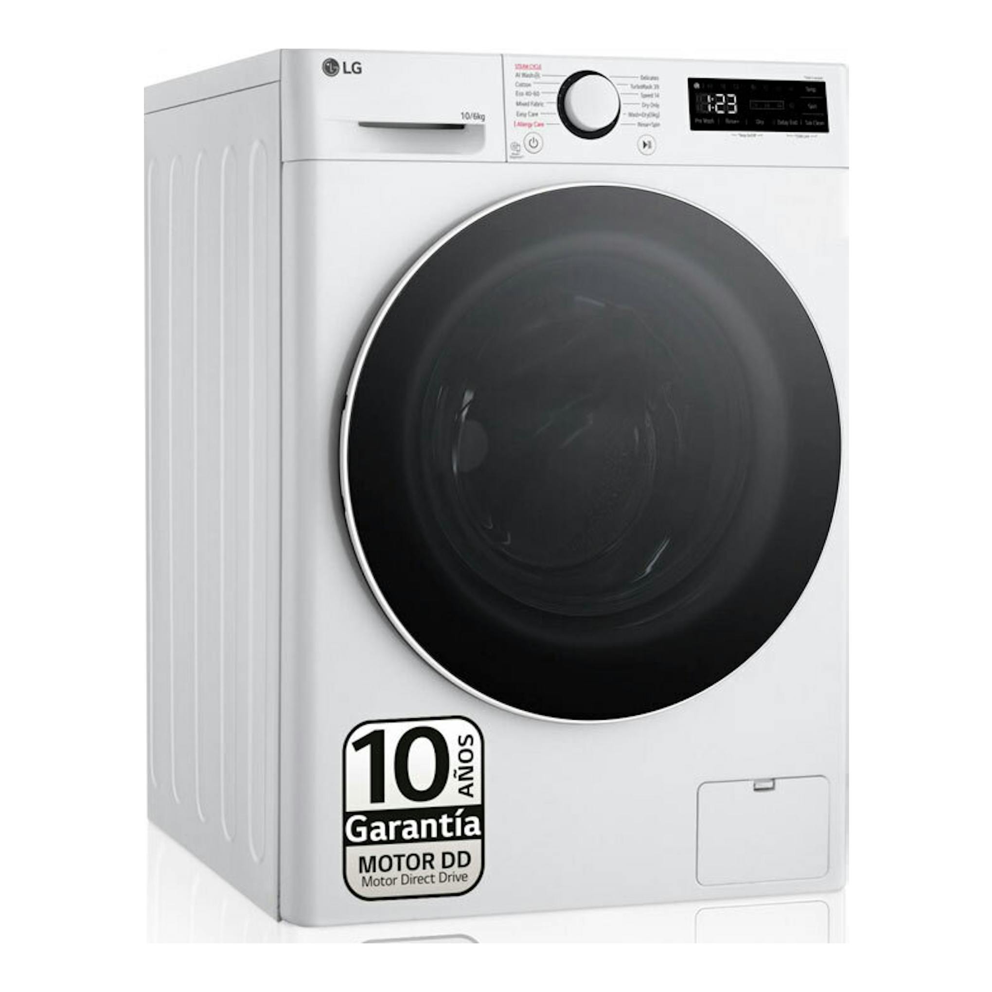Lavasecadora LG F4DR6010A0W blanca, vista frontal izquierda, puerta negra circular y panel digital.