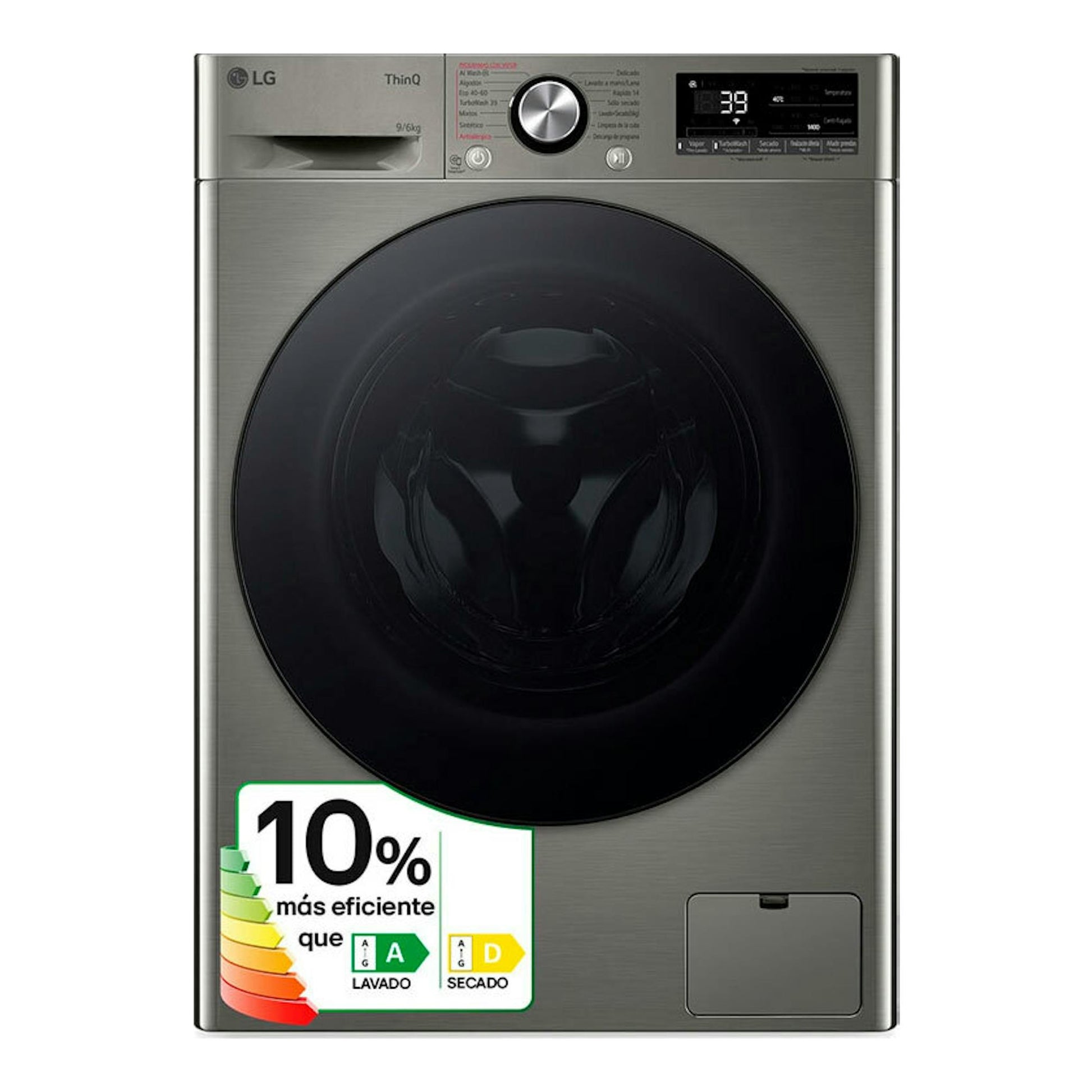 Lavasecadora LG F4DR7009AGS gris, vista frontal, puerta negra y panel digital superior.