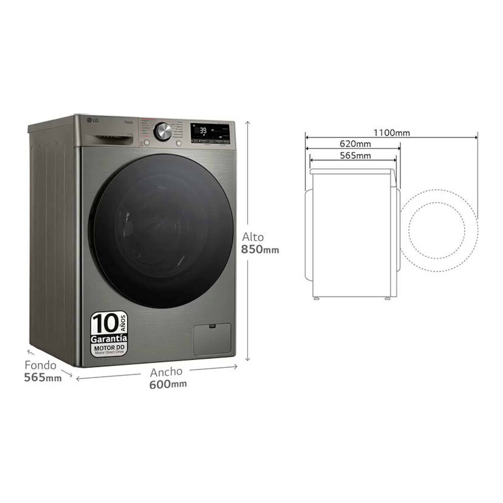 Lavasecadora LG F4DR7009AGS gris acero, vista frontal izquierda, puerta negra y medidas de dimensiones.