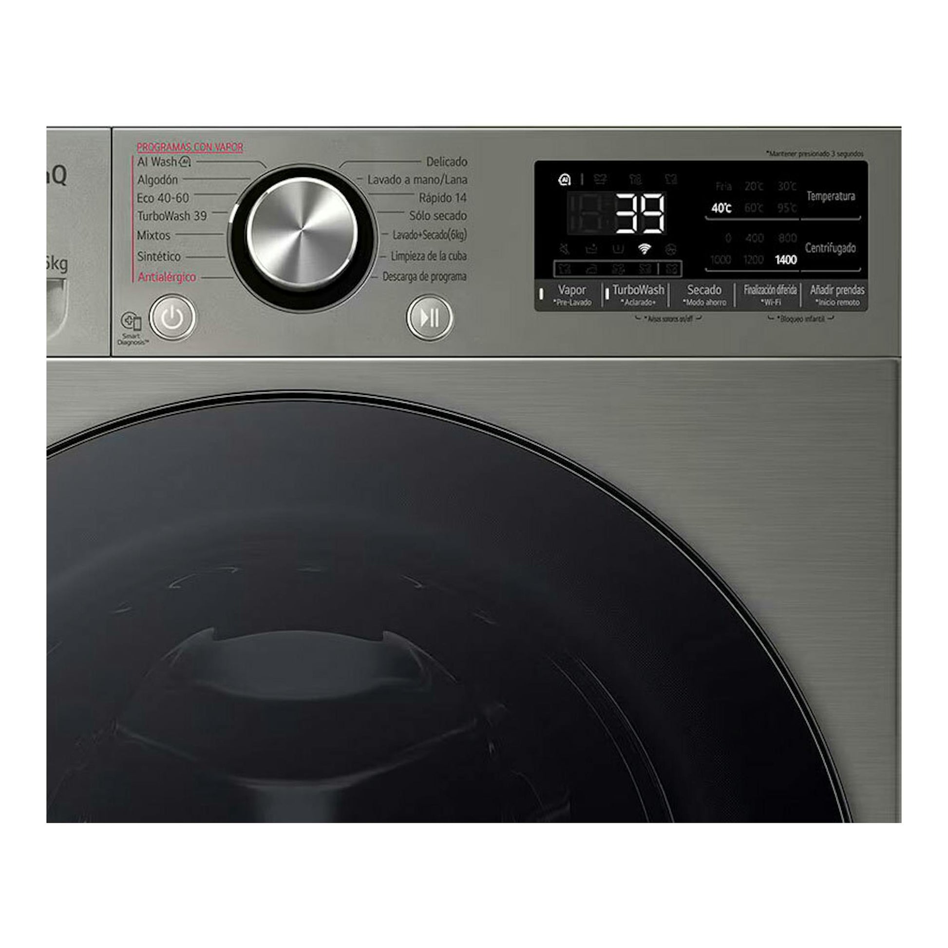 Lavasecadora LG F4DR7009AGS gris, vista frontal con panel de control y puerta circular negra.