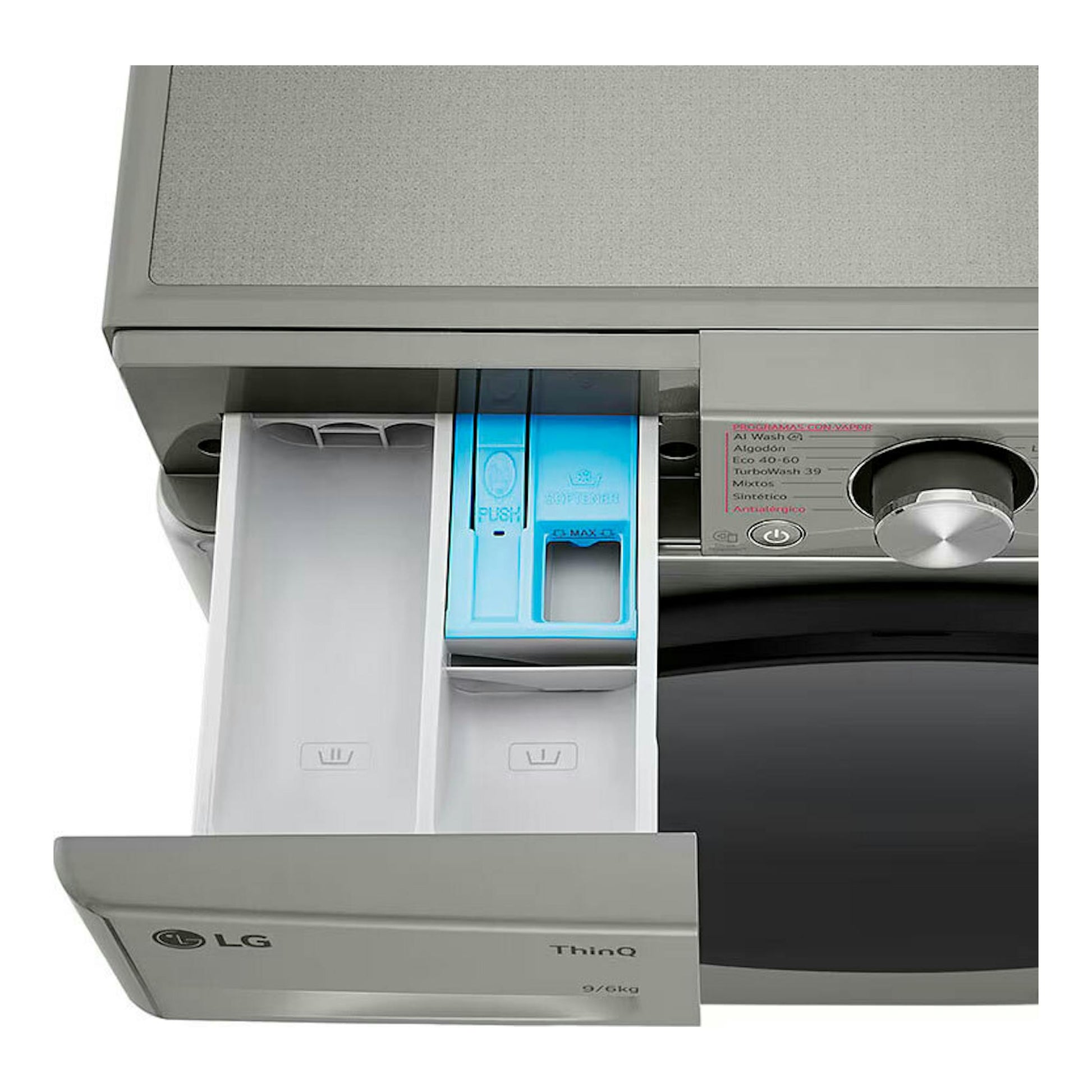 Lavasecadora LG F4DR7009AGS gris, vista frontal parcial con cajón de detergente abierto.