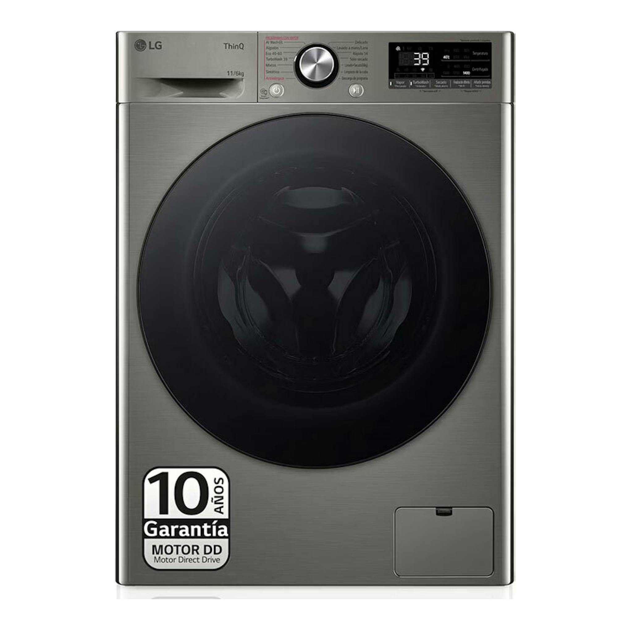 Lavasecadora LG F4DR7011AGS inox, vista frontal, puerta negra y panel digital superior.