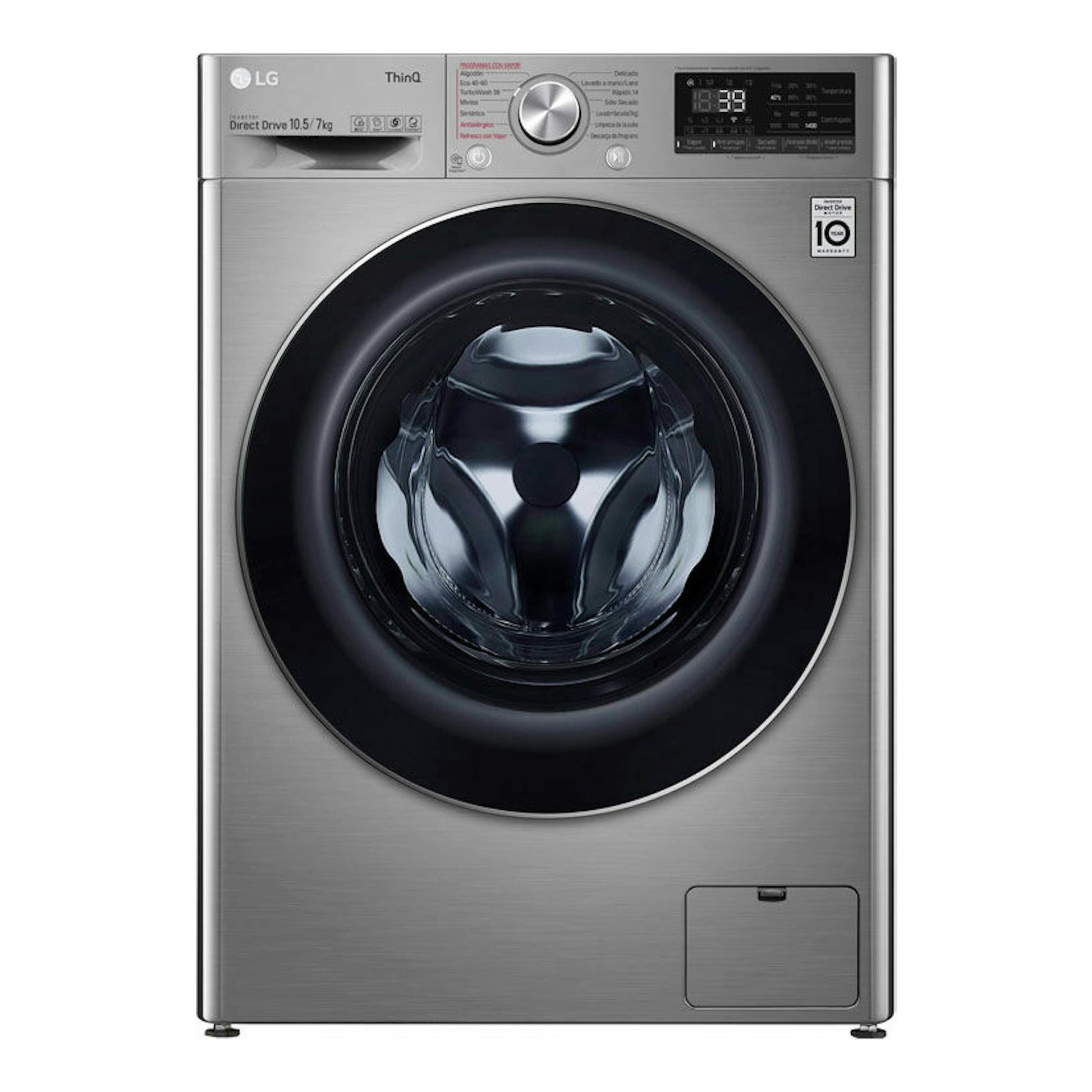 Lavasecadora LG F4DV7010S2S de acero inoxidable, vista frontal, con puerta negra circular y panel digital.