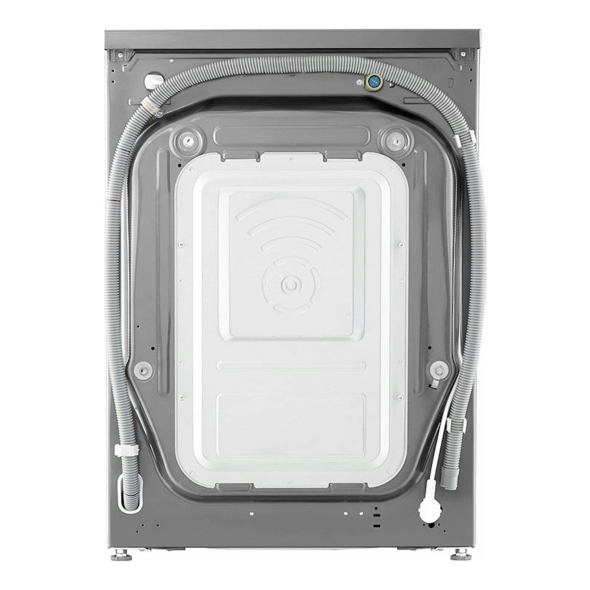 Lavasecadora LG F4DV7010S2S gris, vista trasera con mangueras y panel posterior.