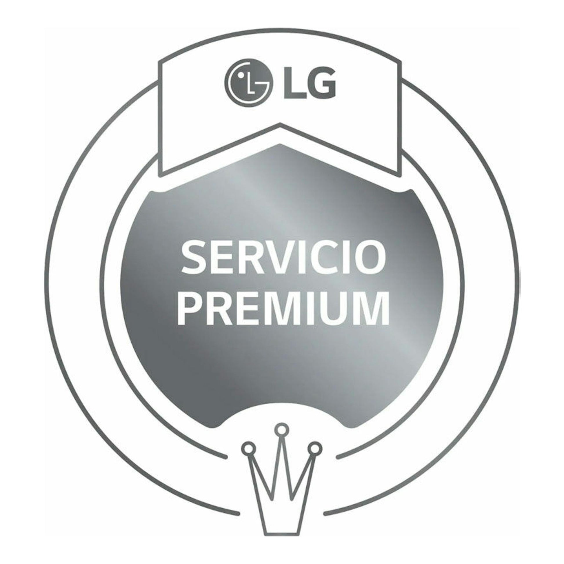 Sello circular gris de LG con texto “Servicio Premium” y una corona en la parte inferior.