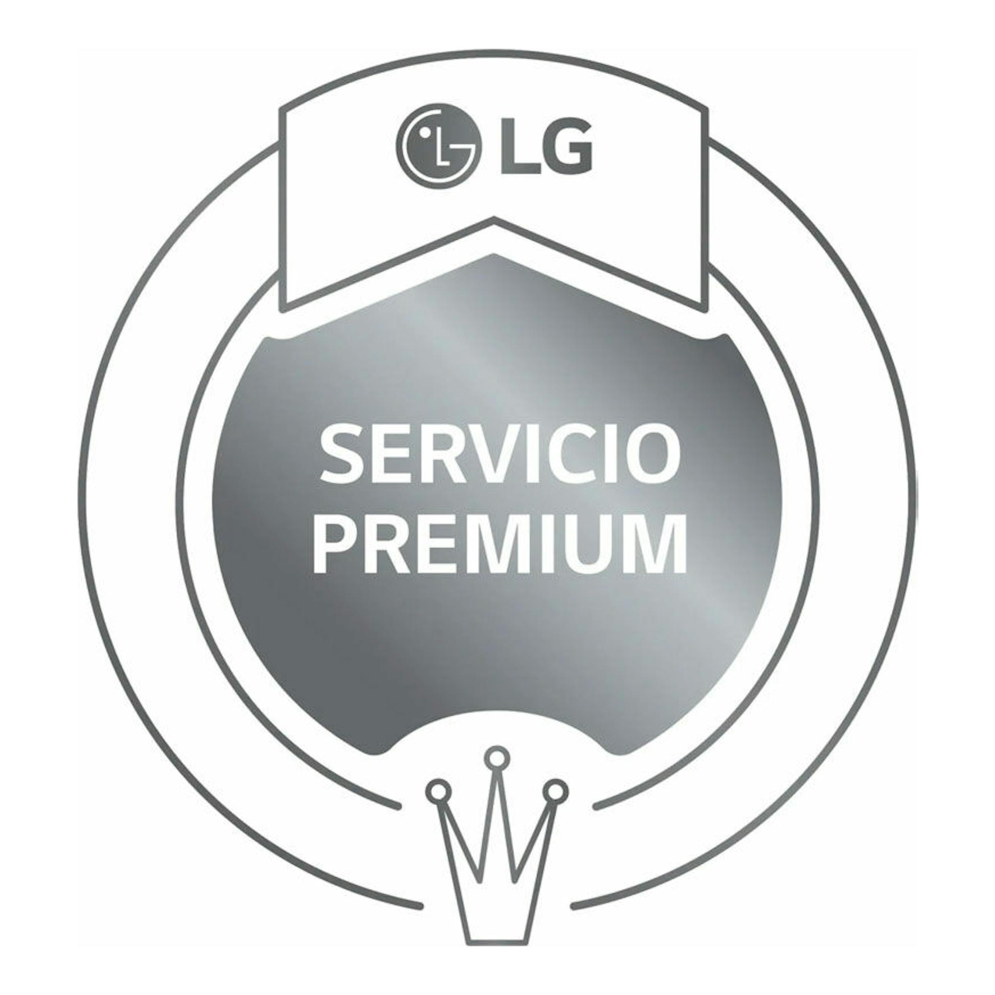 Sello circular gris de LG con texto “Servicio Premium” y una corona en la parte inferior.