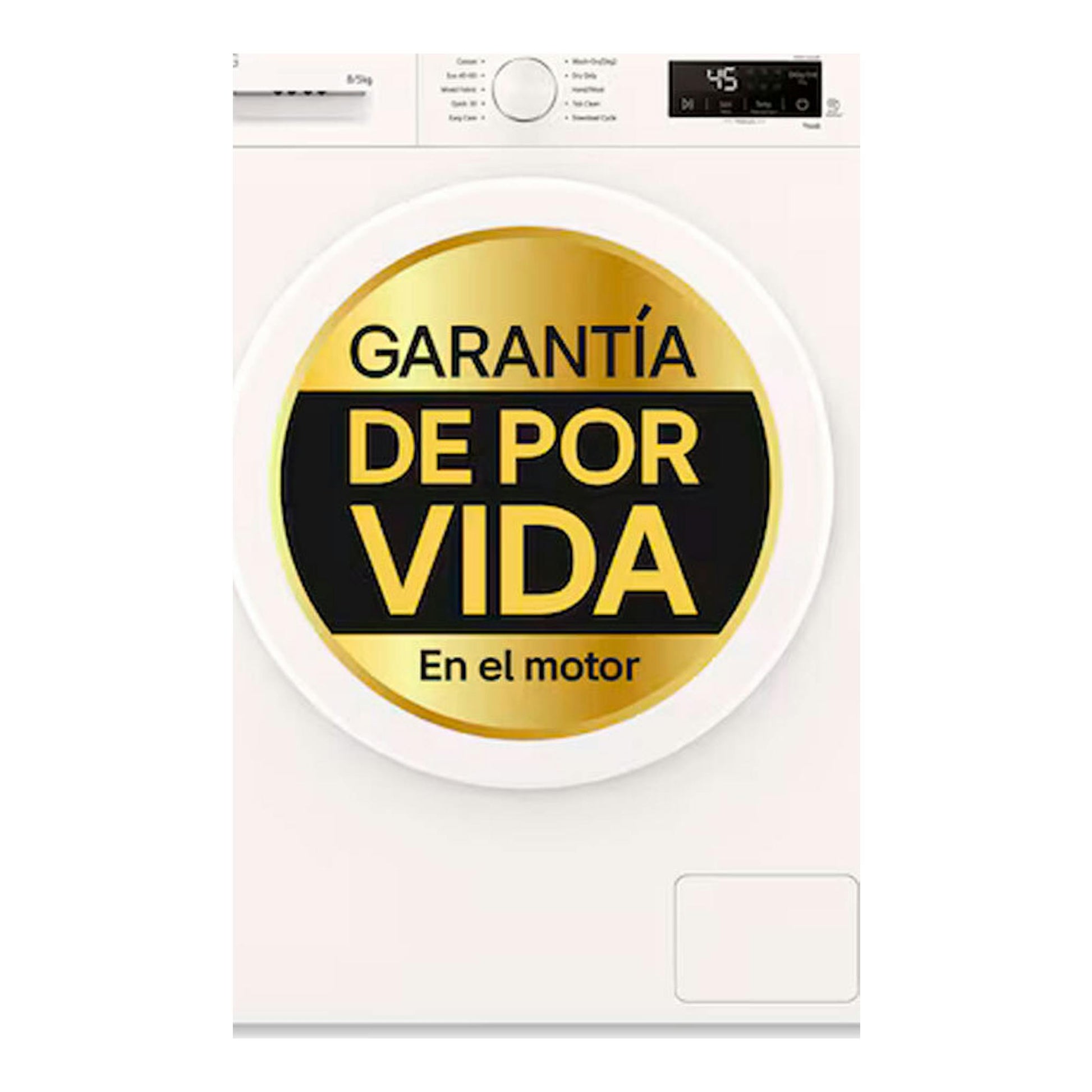 Lavasecadora LG W4X1085NWH blanca, vista frontal, con adhesivo circular de garantía de por vida en el motor.