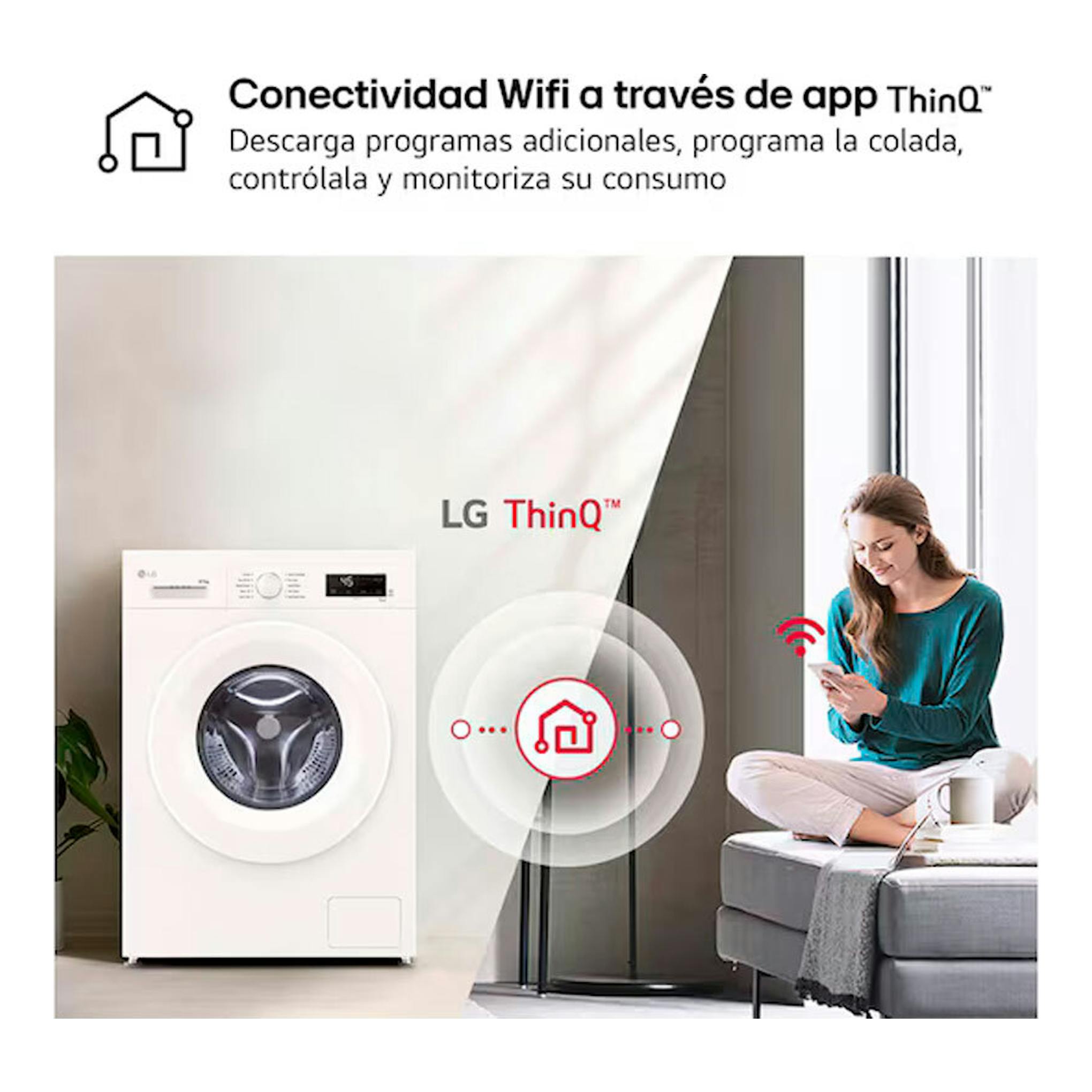 Lavasecadora LG W4X1085NWH blanca, vista frontal, con conectividad Wi‑Fi ThinQ.