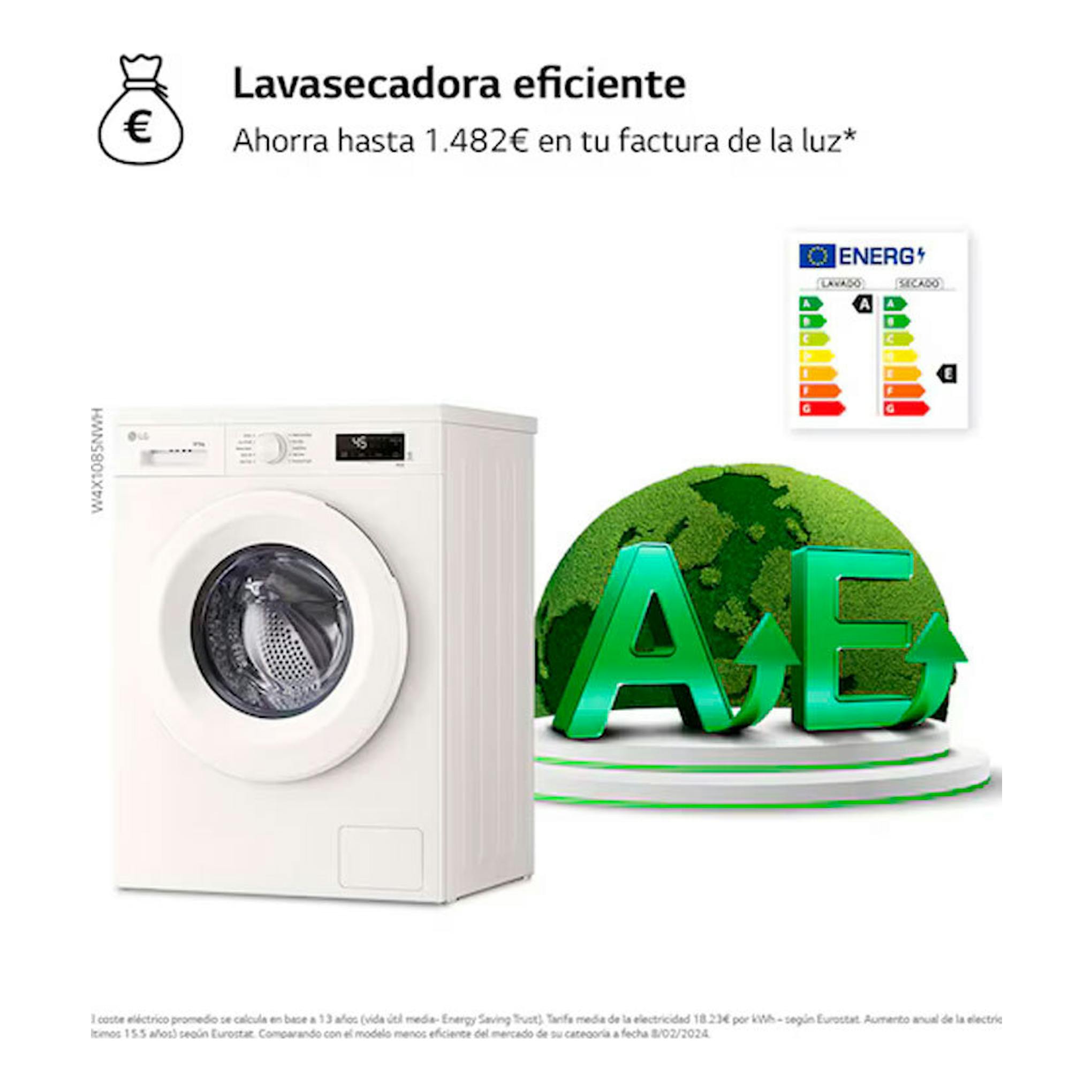 Lavasecadora LG W4X1085NWH blanca, vista frontal, con puerta circular y panel superior.