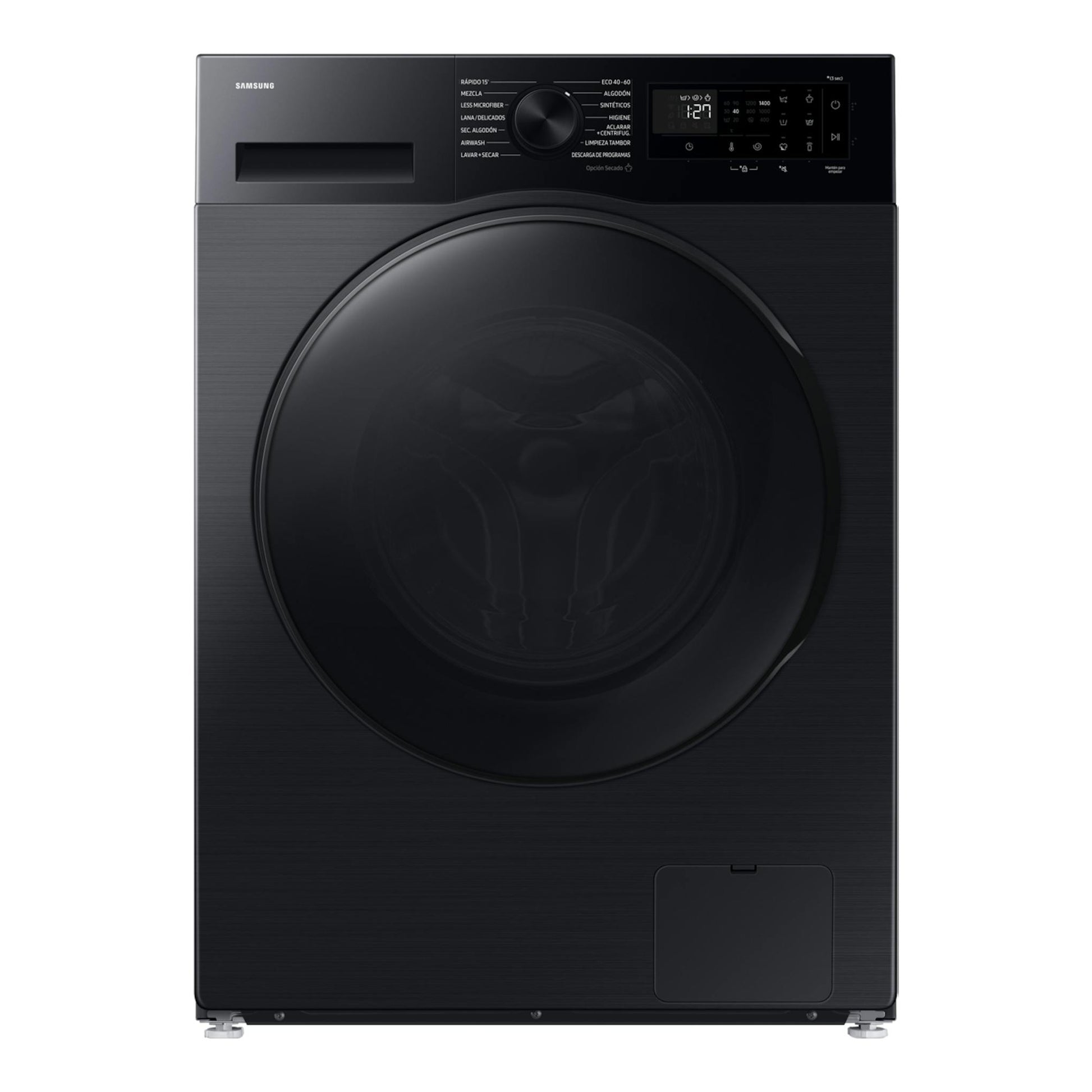 Lavasecadora Samsung negra, vista frontal, con puerta circular y panel de control superior.
