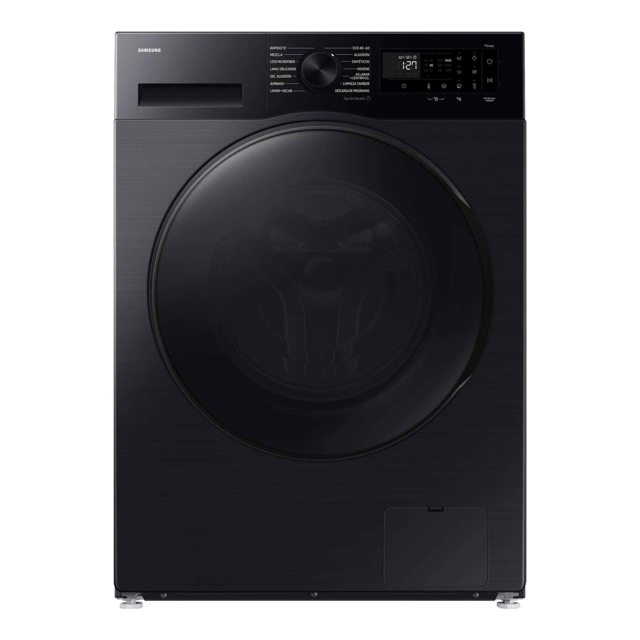 Lavasecadora Samsung negra, vista frontal, con puerta circular y panel de control superior.