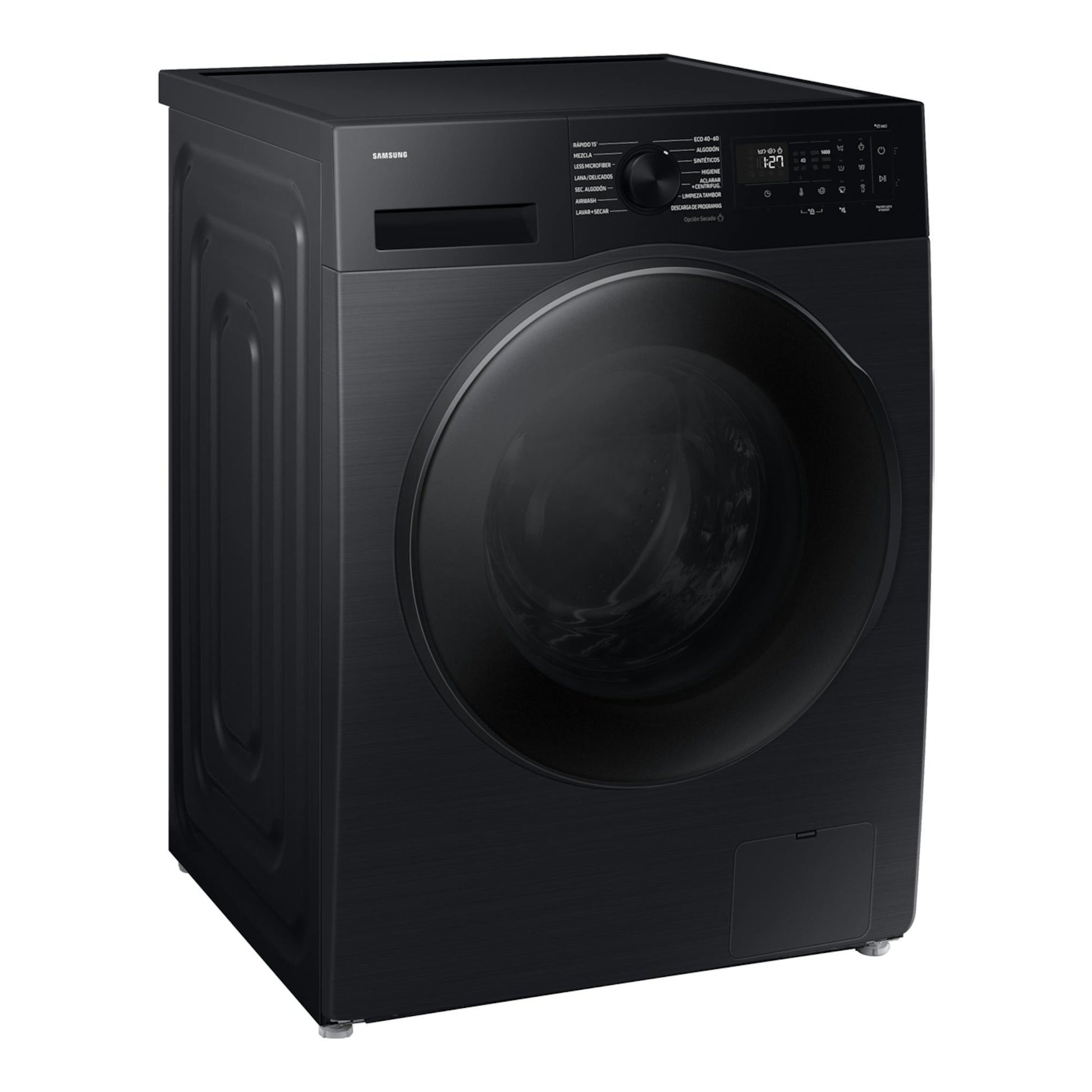 Lavasecadora Samsung WD11DG5B15BBEC negra, vista frontal con panel digital y puerta circular.