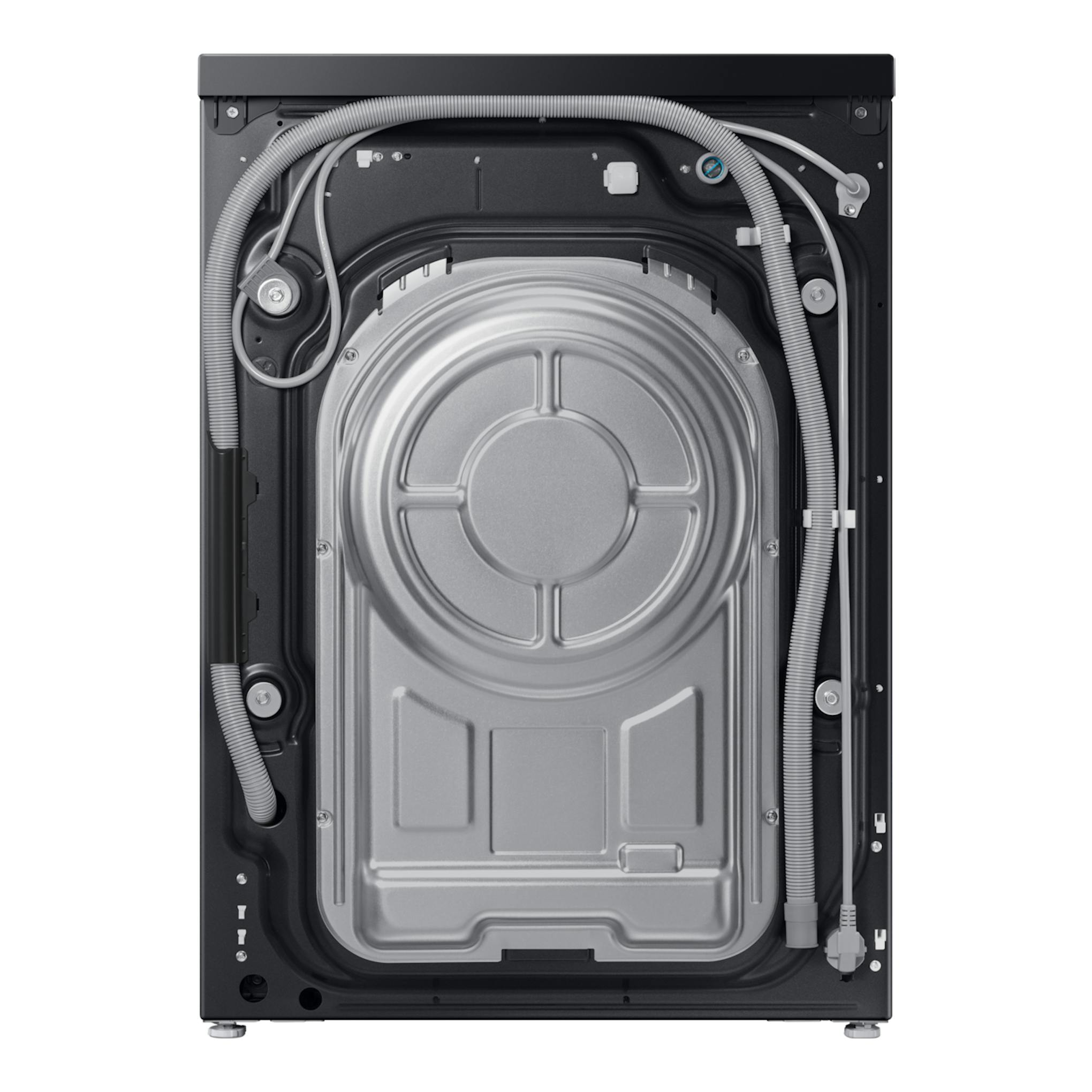 Lavasecadora Samsung WD11DG5B15BBEC, vista trasera, negra, con panel posterior y mangueras visibles.