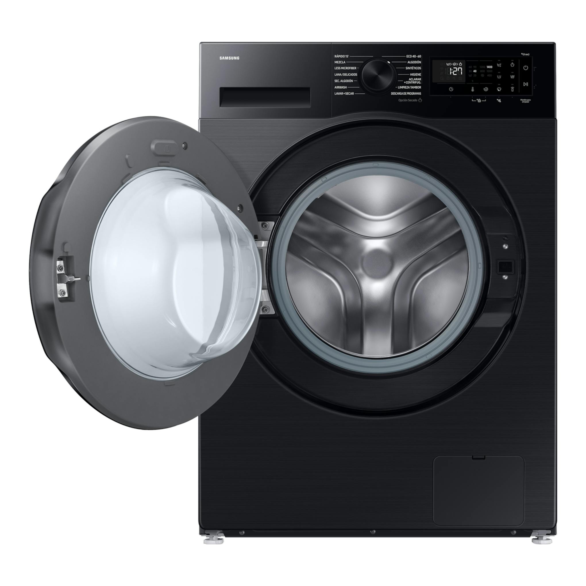 Lavasecadora Samsung WD11DG5B15BBEC negra, vista frontal, con puerta abierta y panel de control superior.