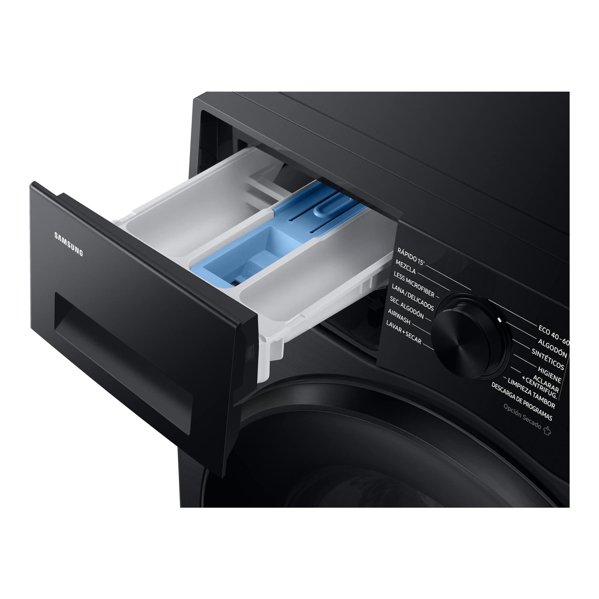 Lavasecadora Samsung WD11DG5B15BBEC negra, vista frontal en ángulo, con cajón de detergente abierto.