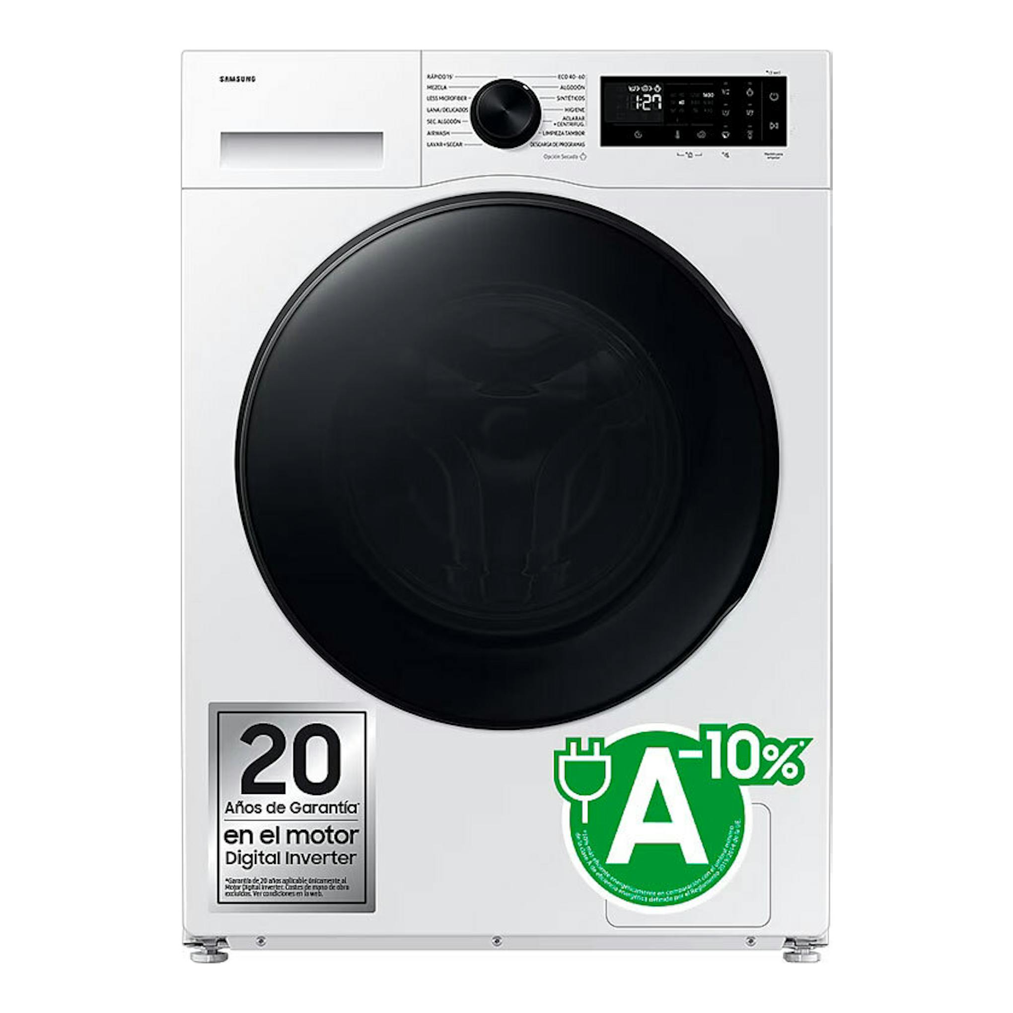 Lavasecadora Samsung WD11DG5B15BEEC blanca, vista frontal, con puerta circular negra.