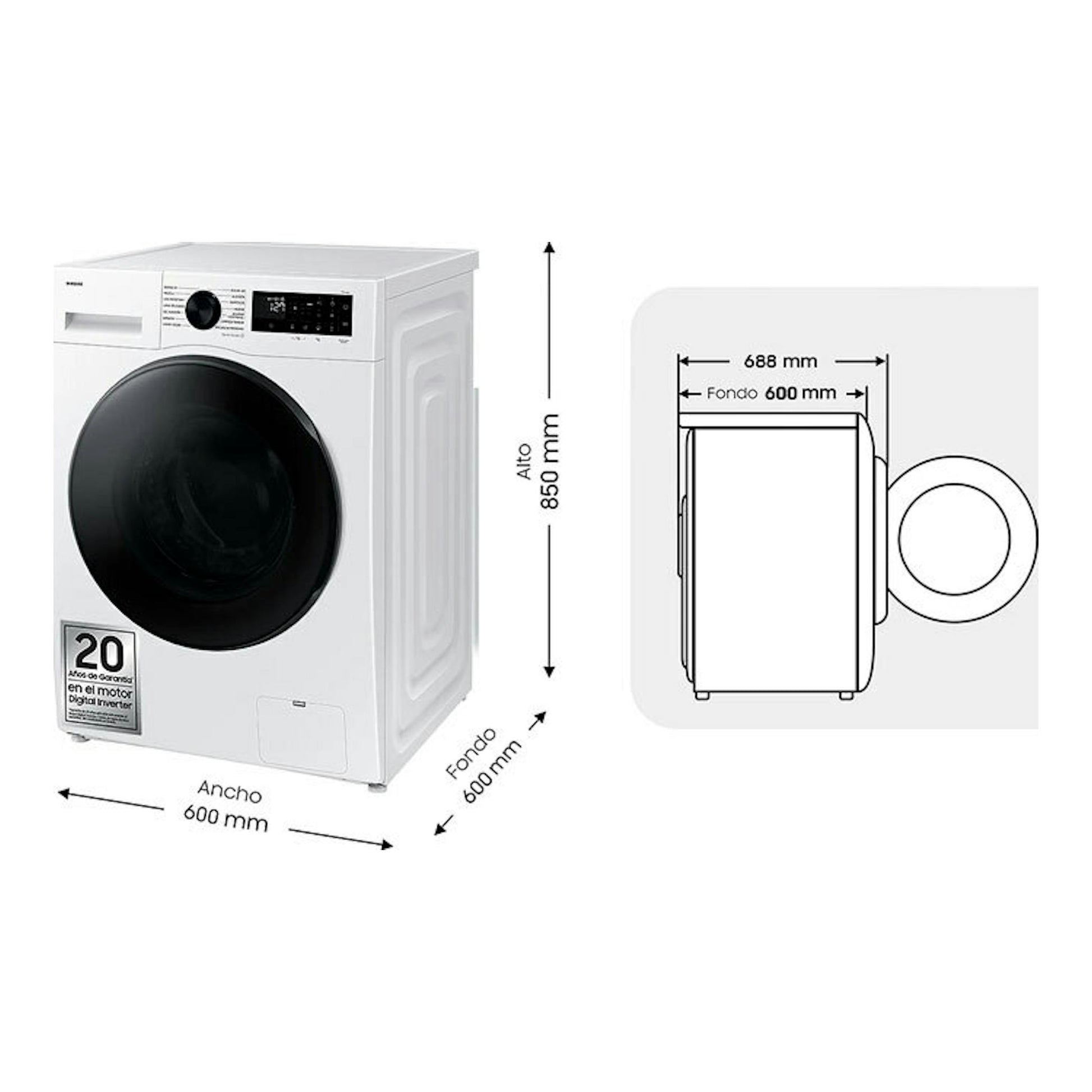 Lavasecadora Samsung WD11DG5B15BEEC blanca, vista frontal y lateral, con medidas 600 x 850 x 600 mm.