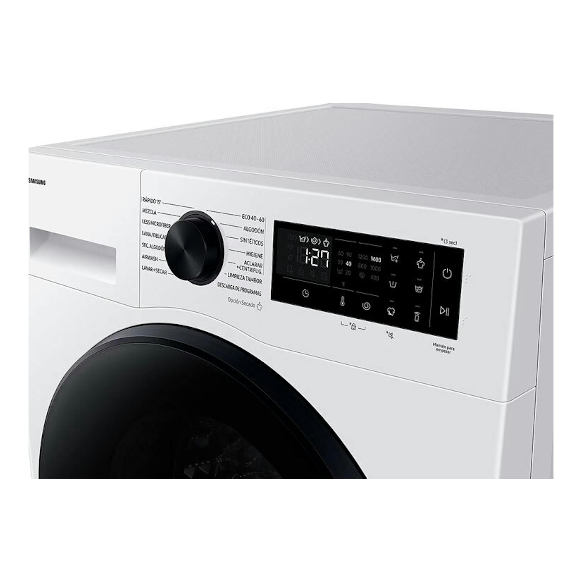 Lavasecadora Samsung WD11DG5B15BEEC blanca, vista frontal en ángulo, con puerta negra y panel digital.