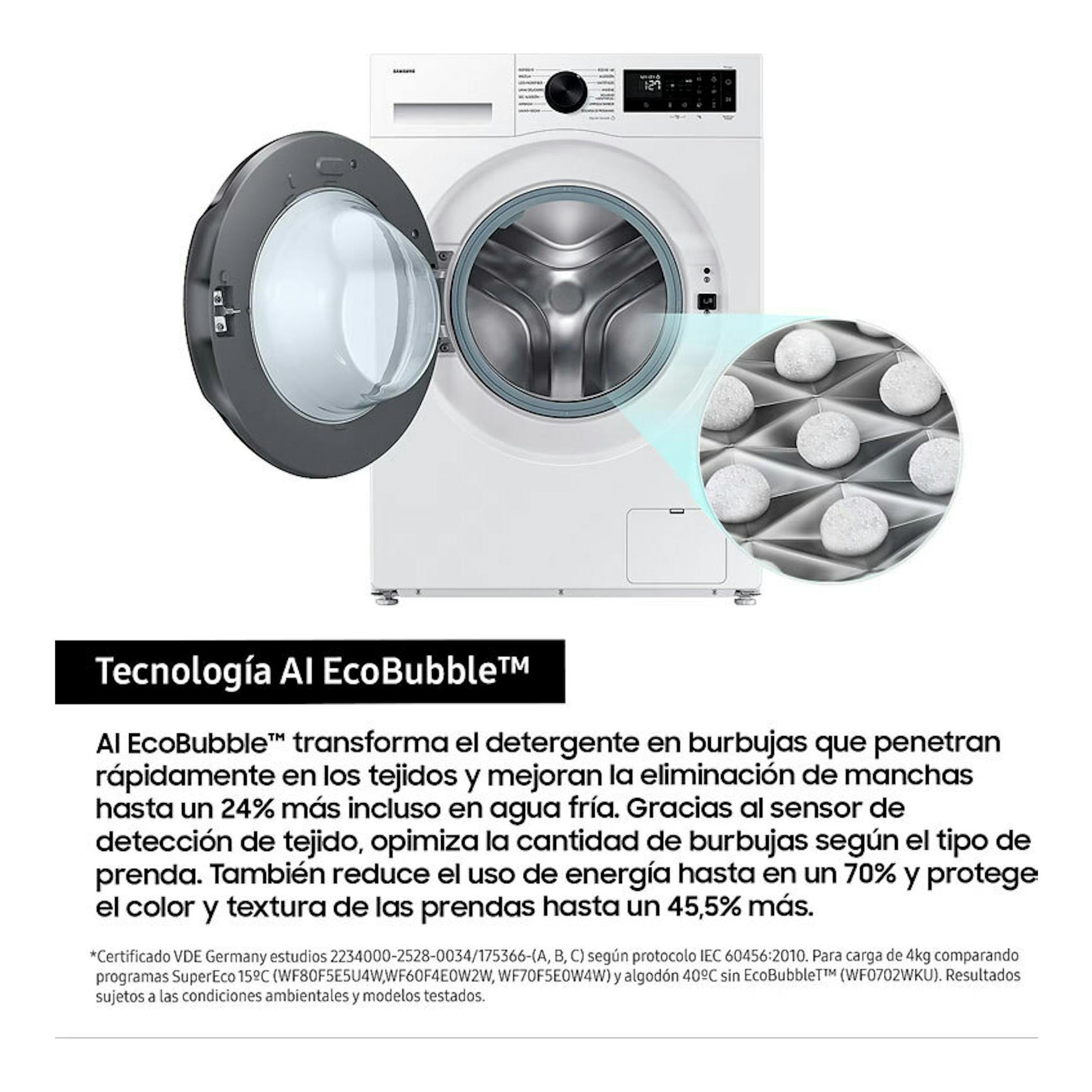 Lavasecadora Samsung WD11DG5B15BEEC blanca, vista frontal con la puerta abierta.