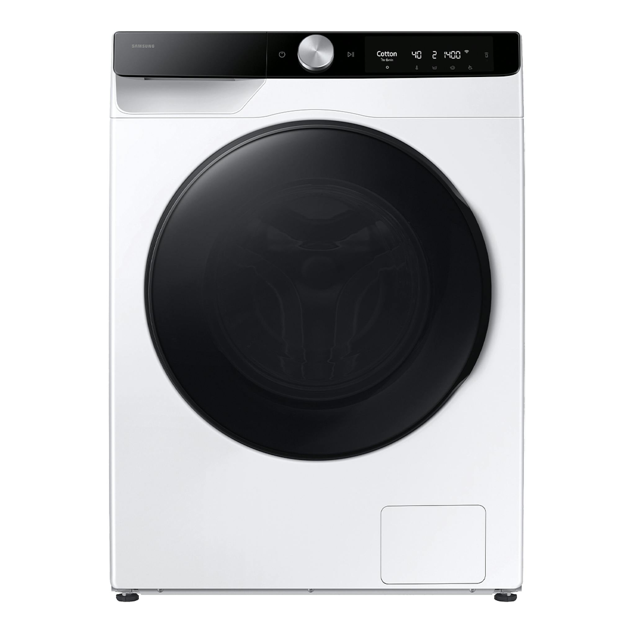 Lavasecadora Samsung WD11DG6B85BKU3 blanca, vista frontal, puerta negra circular y panel superior negro.