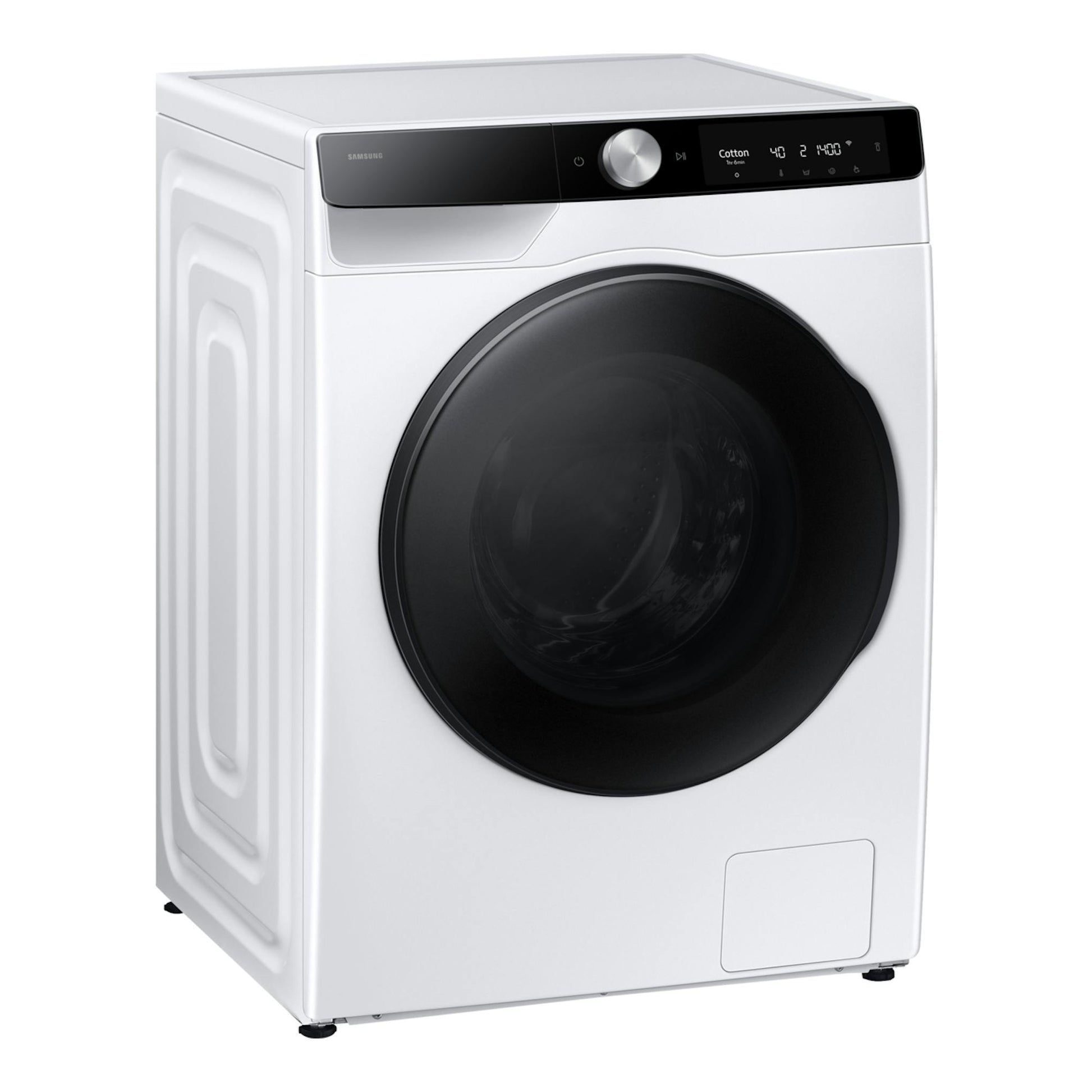 Lavasecadora Samsung WD11DG6B85BKU3 blanca, vista frontal en ángulo, con puerta negra y panel superior negro.