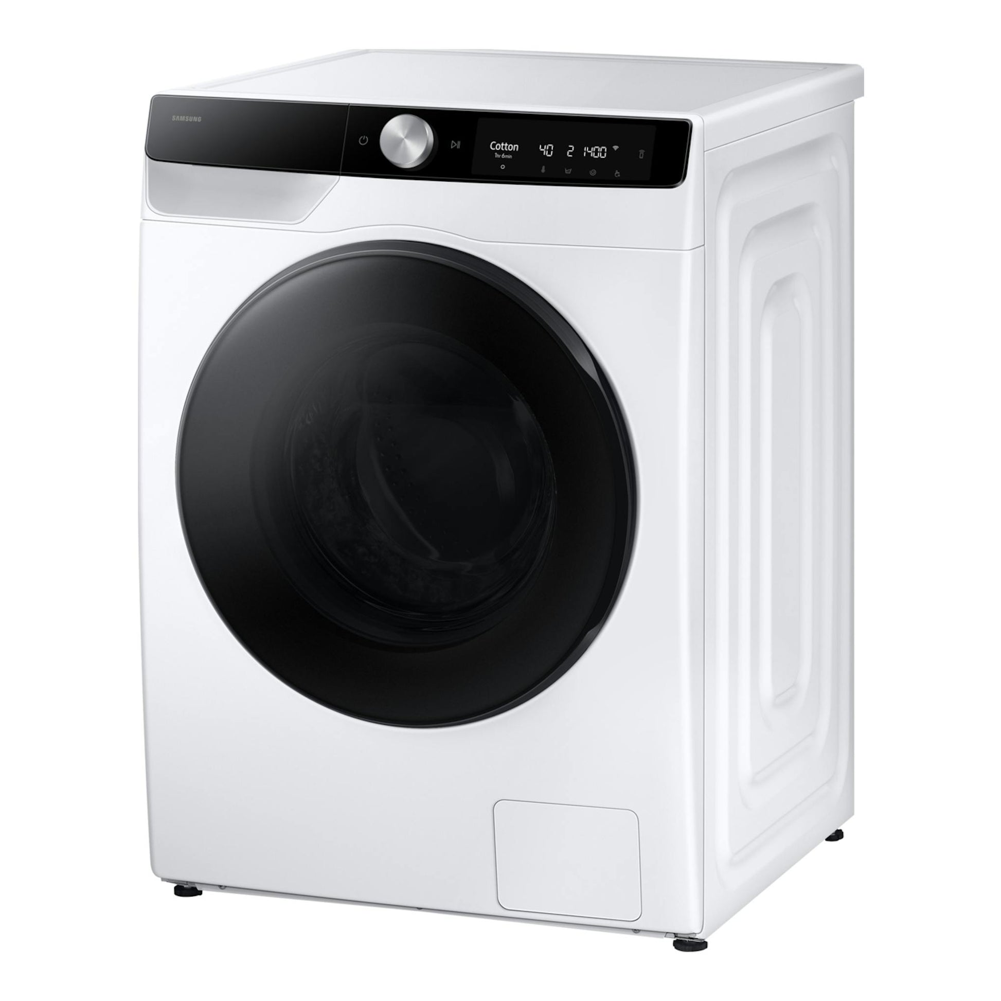 Lavasecadora Samsung WD11DG6B85BKU3 blanca, vista frontal en ángulo, puerta negra circular y panel superior digital.