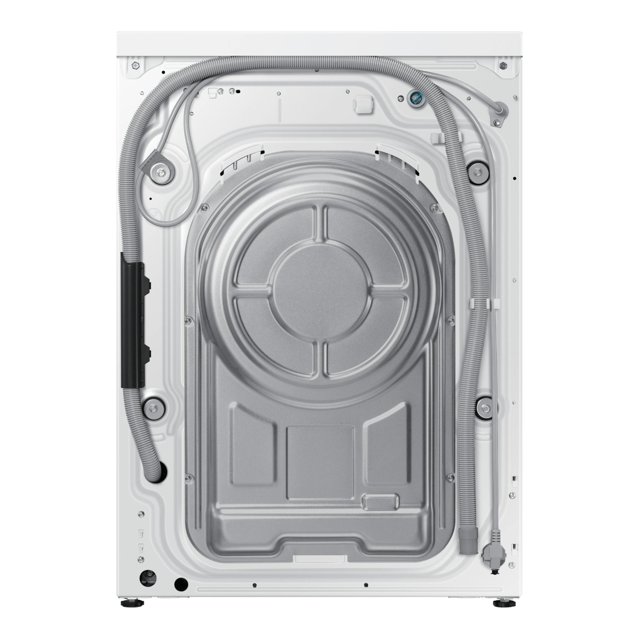 Lavasecadora Samsung WD11DG6B85BKU3, vista trasera blanca con panel metálico, mangueras y cables.
