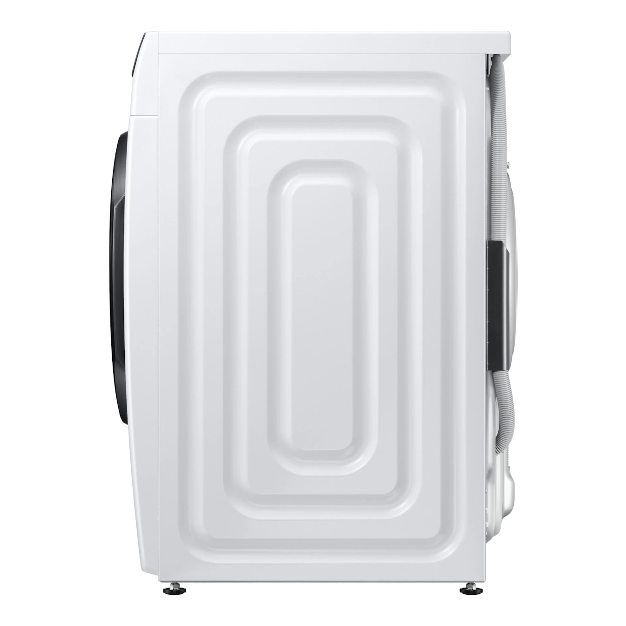 Lavasecadora Samsung WD11DG6B85BKU3 blanca, vista lateral, con panel frontal negro visible.
