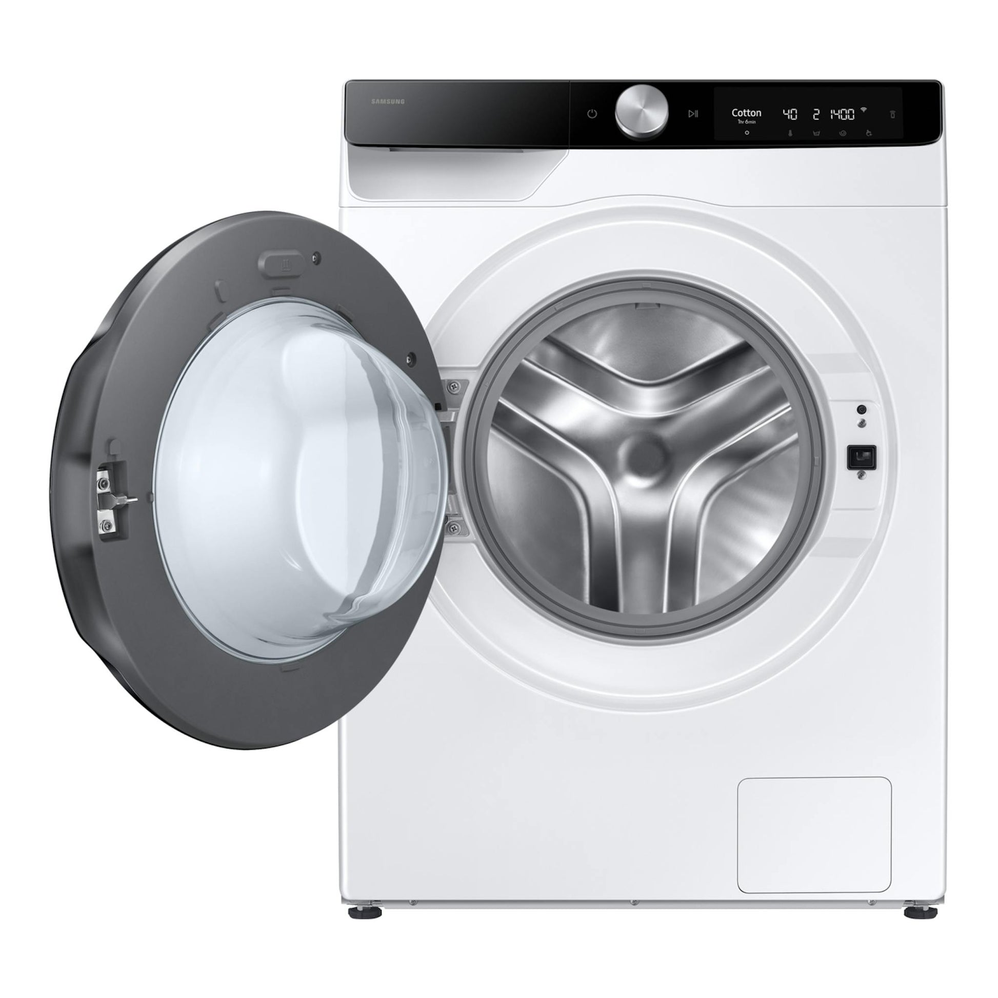 Lavasecadora Samsung WD11DG6B85BKU3 blanca, vista frontal, con puerta abierta y panel negro superior.