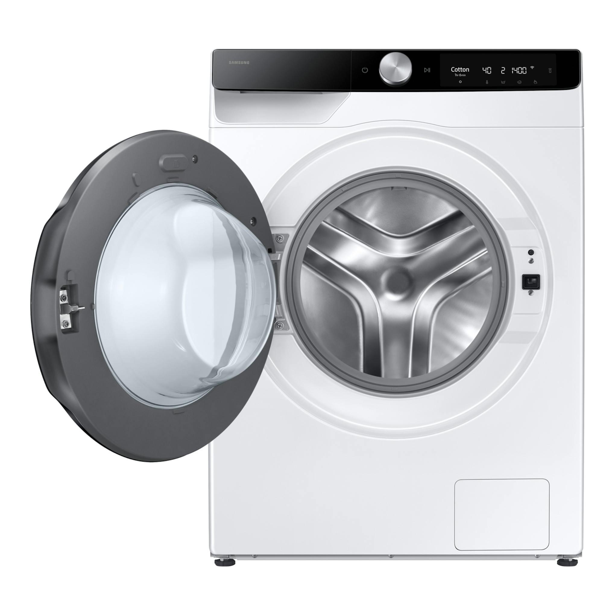 Lavasecadora Samsung WD11DG6B85BKU3 blanca, vista frontal, con puerta abierta y panel negro superior.