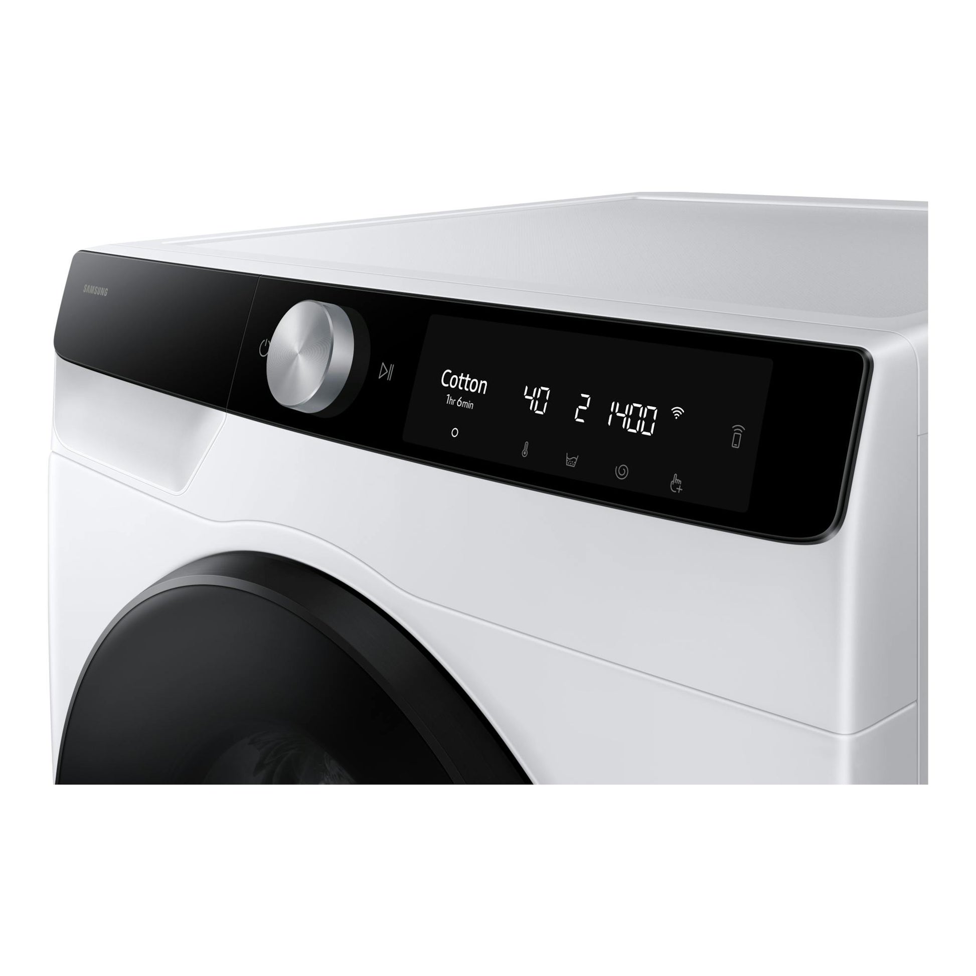 Lavasecadora Samsung blanca, vista frontal parcial, con panel negro, selector giratorio y pantalla digital.