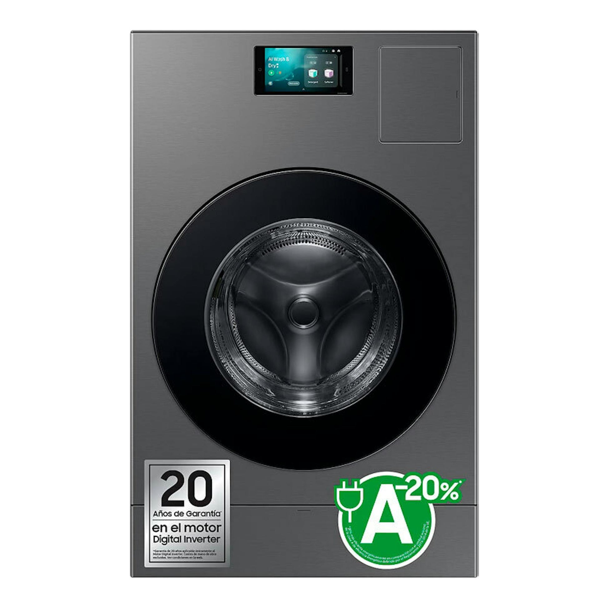 Lavasecadora Samsung WD18DB8995BZT2, gris, vista frontal, puerta circular negra y pantalla superior.