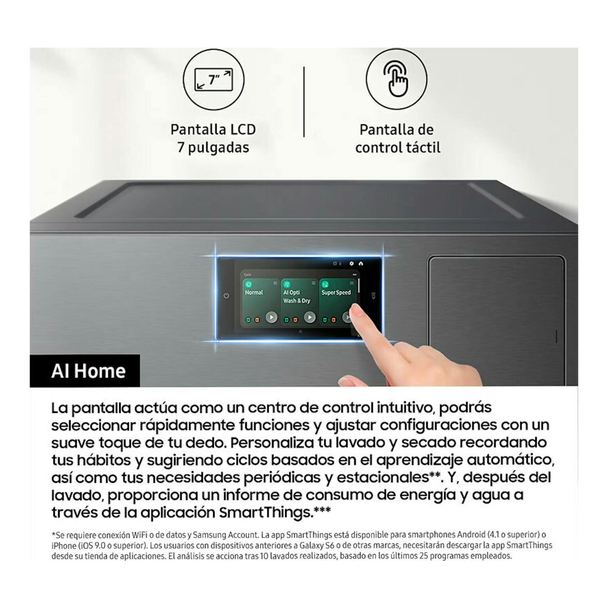 Lavasecadora Samsung WD18DB8995BZT2, vista frontal en gris, con pantalla táctil central y un dedo tocándola.