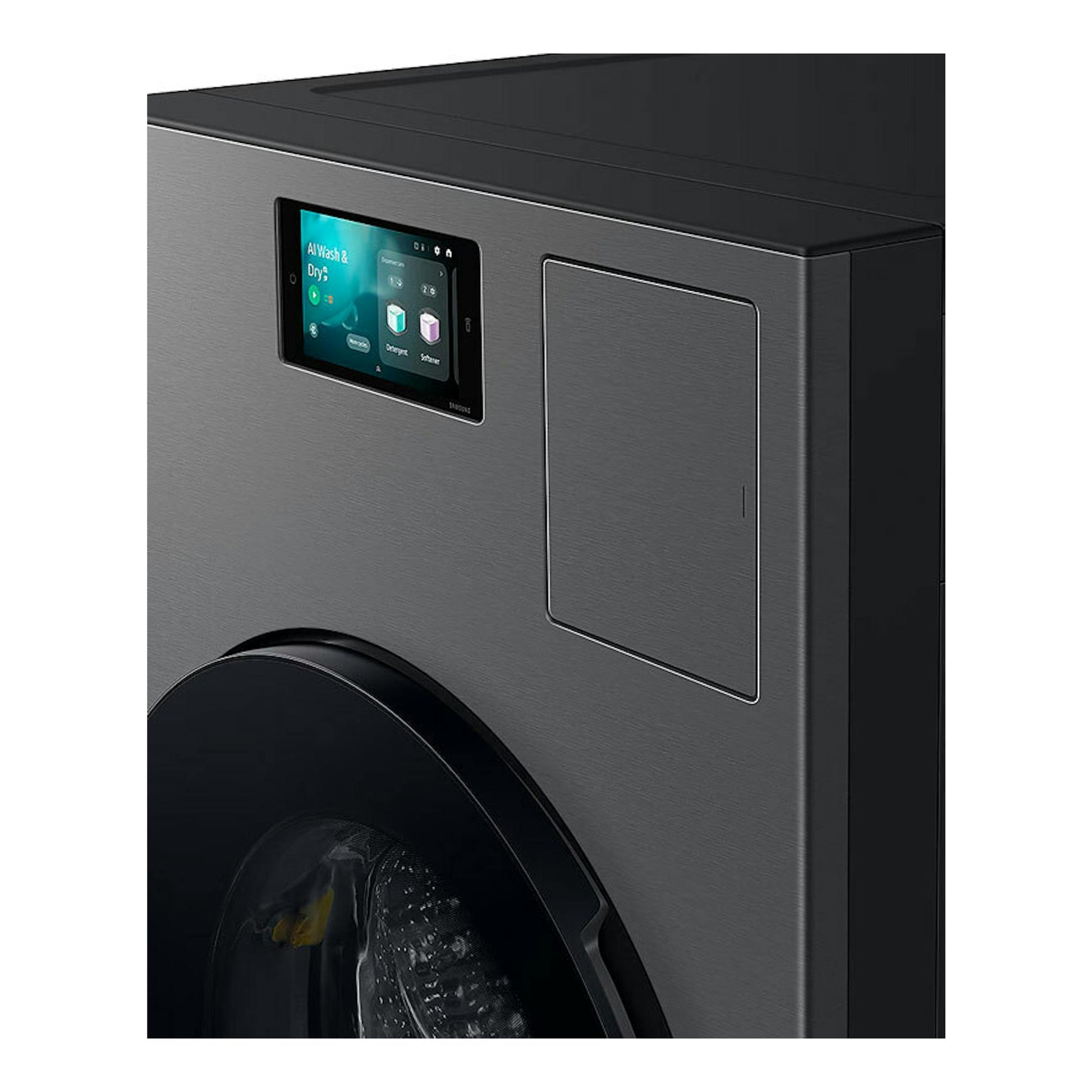 Lavasecadora Samsung WD18DB8995BZT2 gris oscuro, vista frontal en ángulo con pantalla táctil y puerta negra.