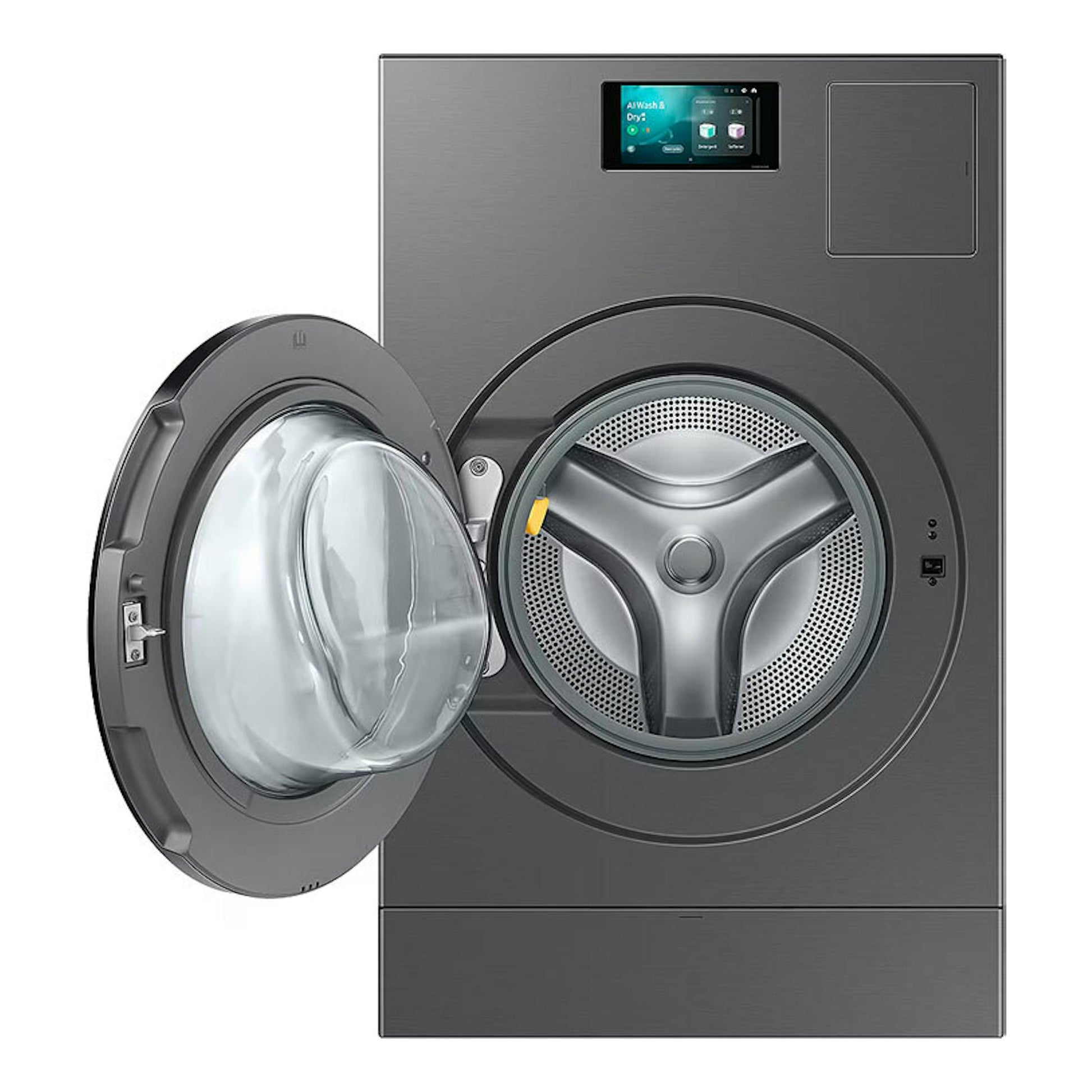 Lavasecadora Samsung WD18DB8995BZT2 gris oscuro, vista frontal con la puerta abierta.