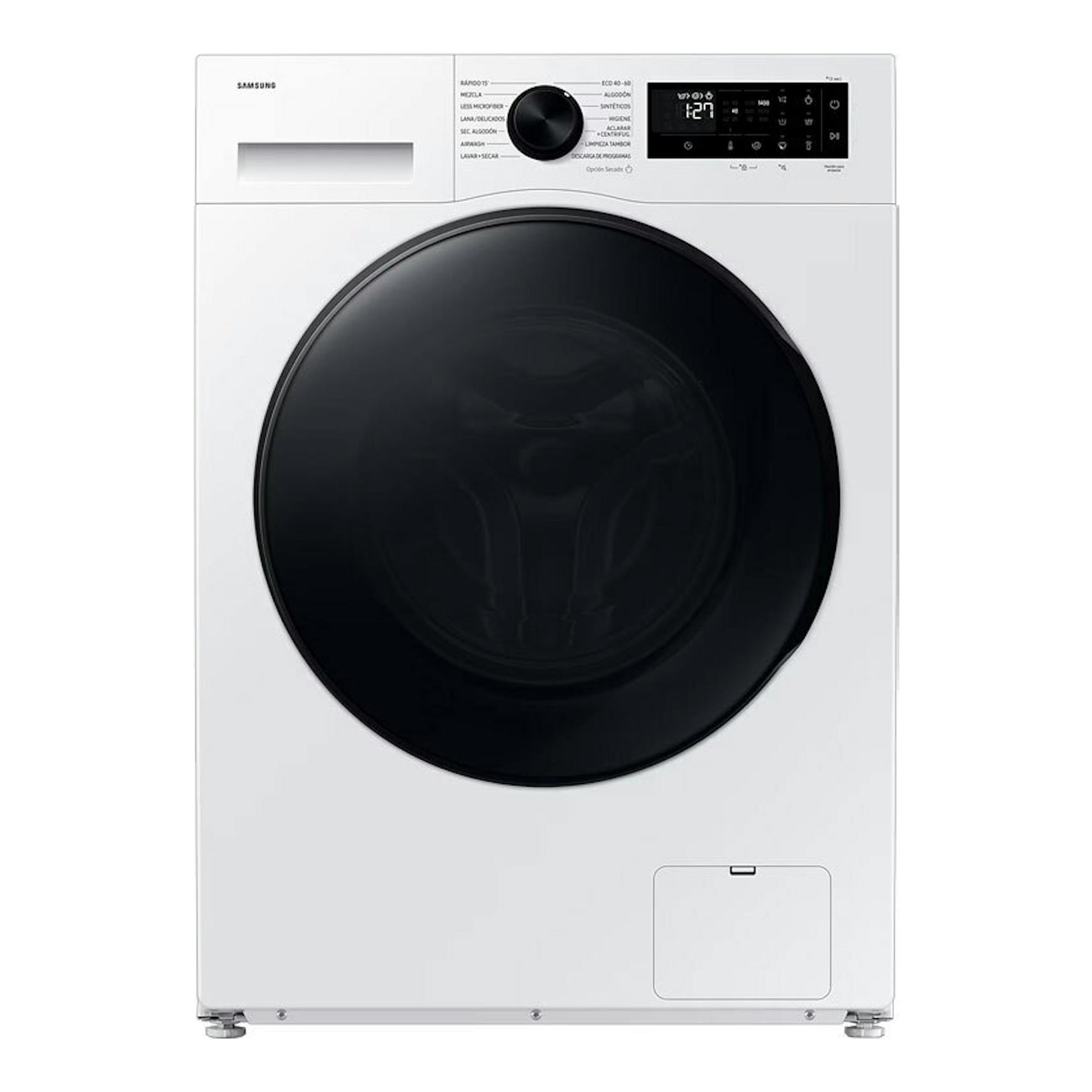 Lavasecadora Samsung WD90DG5B15BEEC blanca, vista frontal, con puerta circular negra y panel digital superior.