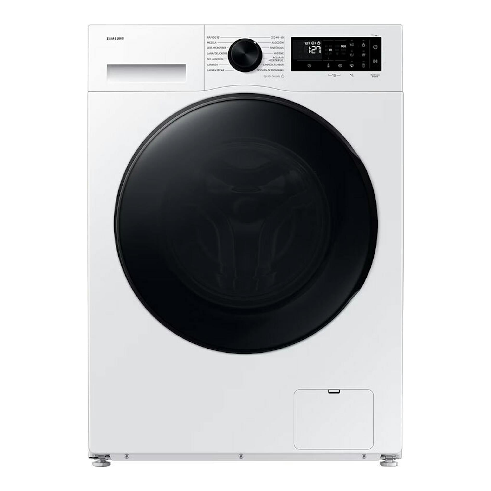 Lavasecadora Samsung WD90DG5B15BEEC blanca, vista frontal, con puerta circular negra y panel digital superior.
