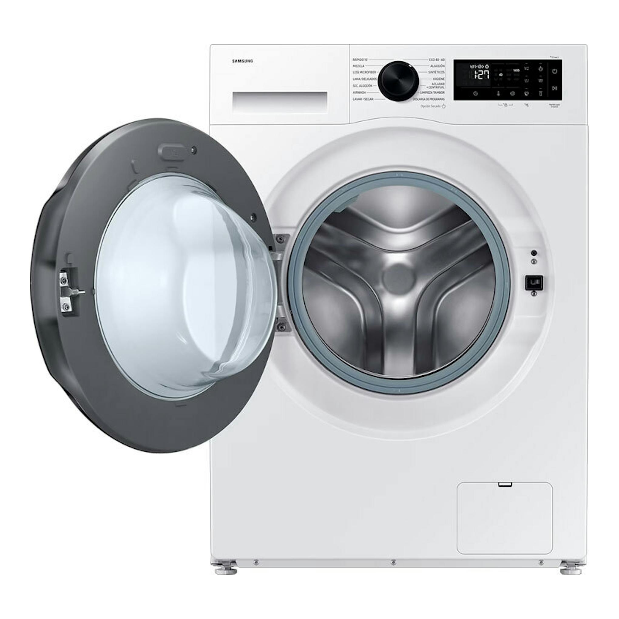 Lavasecadora Samsung WD90DG5B15BEEC blanca, vista frontal, con puerta abierta.