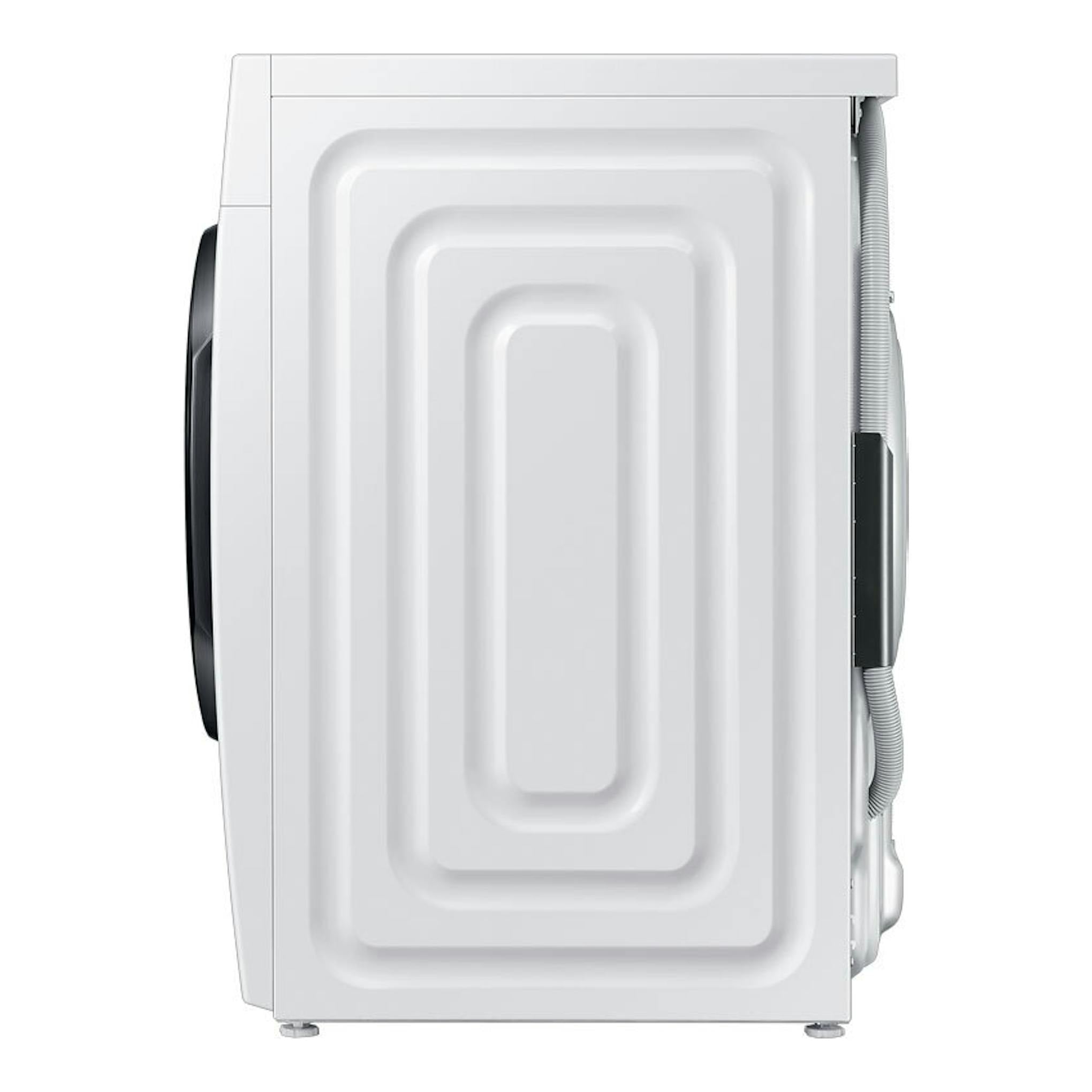 Lavasecadora Samsung WD90DG5B15BEEC blanca, vista lateral, con puerta frontal negra.