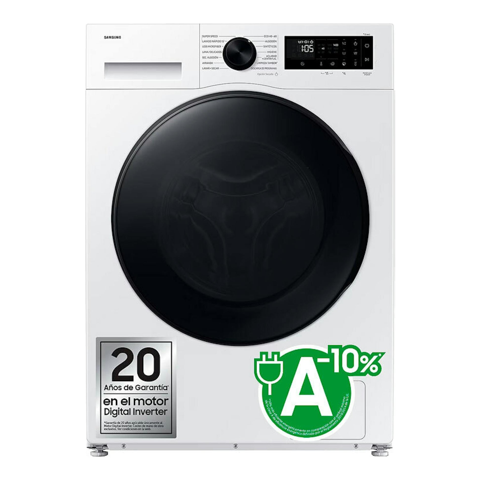 Lavasecadora Samsung WD90DG5G34BEEC blanca, vista frontal, con puerta negra y panel digital superior.