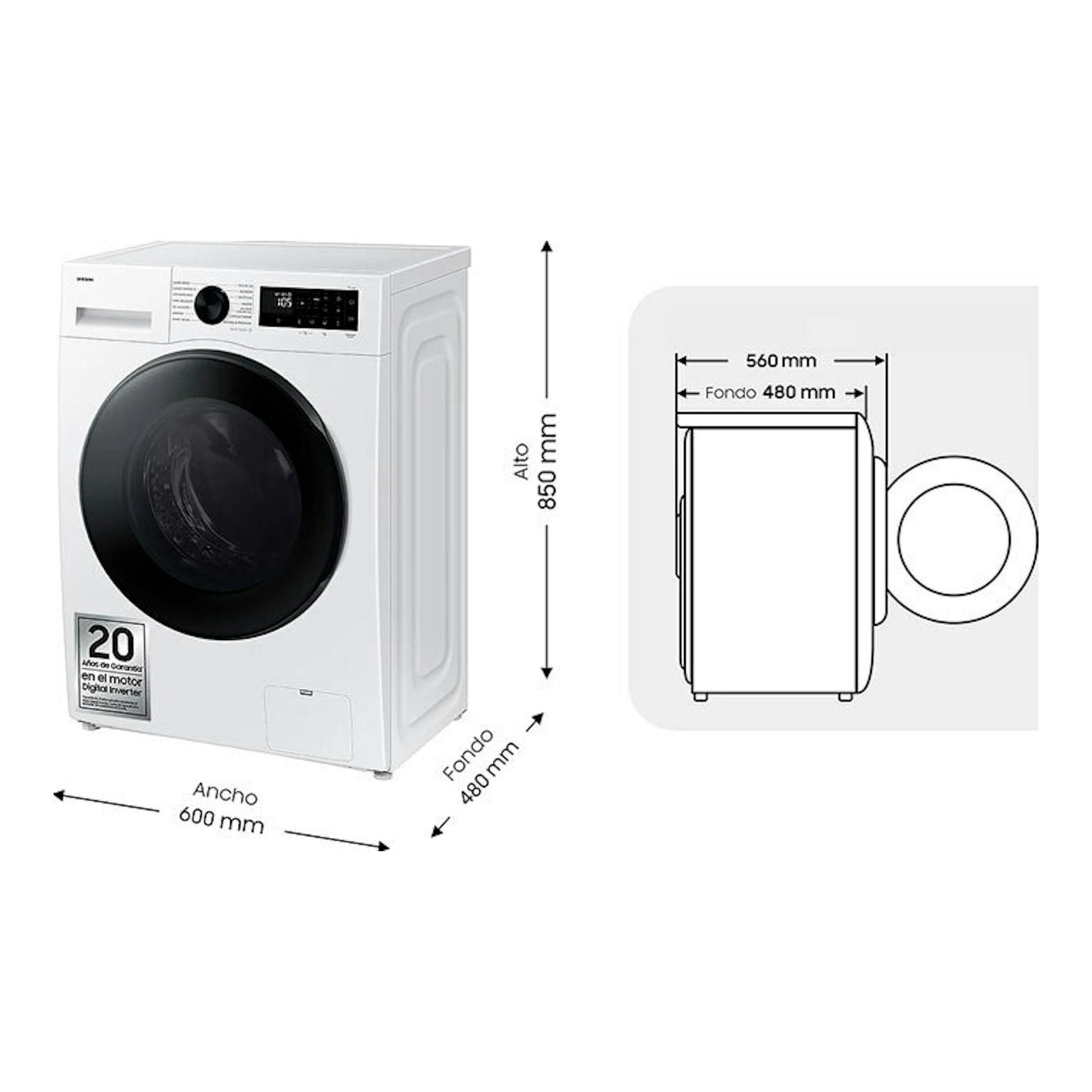 Lavasecadora Samsung WD90DG5G34BEEC blanca, vista frontal, con diagrama lateral y medidas 600 x 850 x 480 mm.