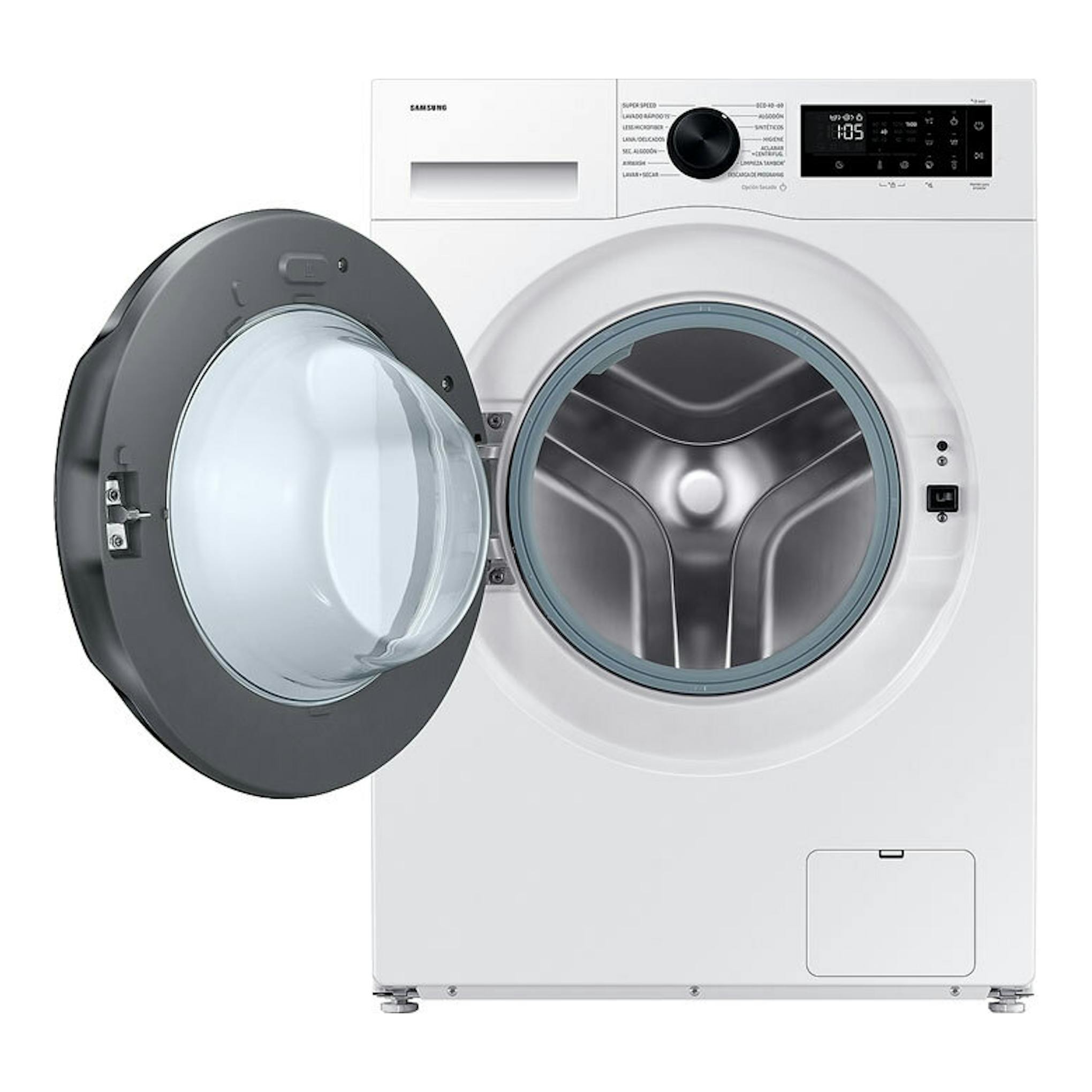 Lavasecadora Samsung WD90DG5G34BEEC blanca, vista frontal, con la puerta abierta.