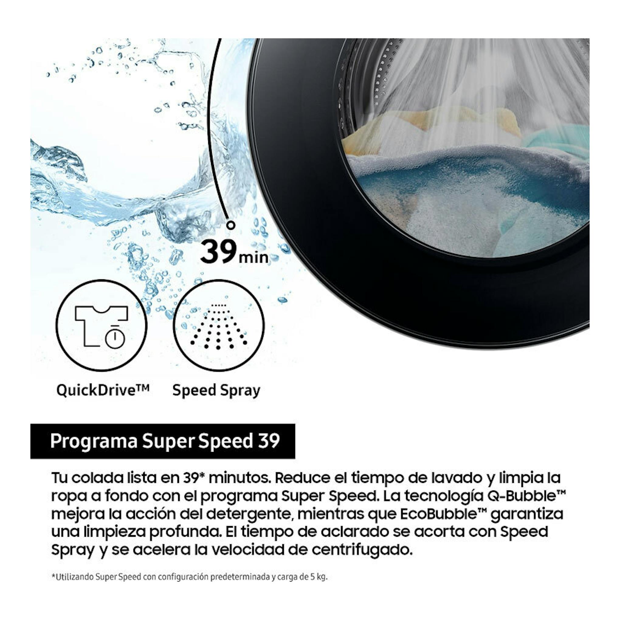 Samsung WD90DG5G34BEEC, lavasecadora negra en vista parcial frontal con tambor, agua y texto de programa Super Speed 39.