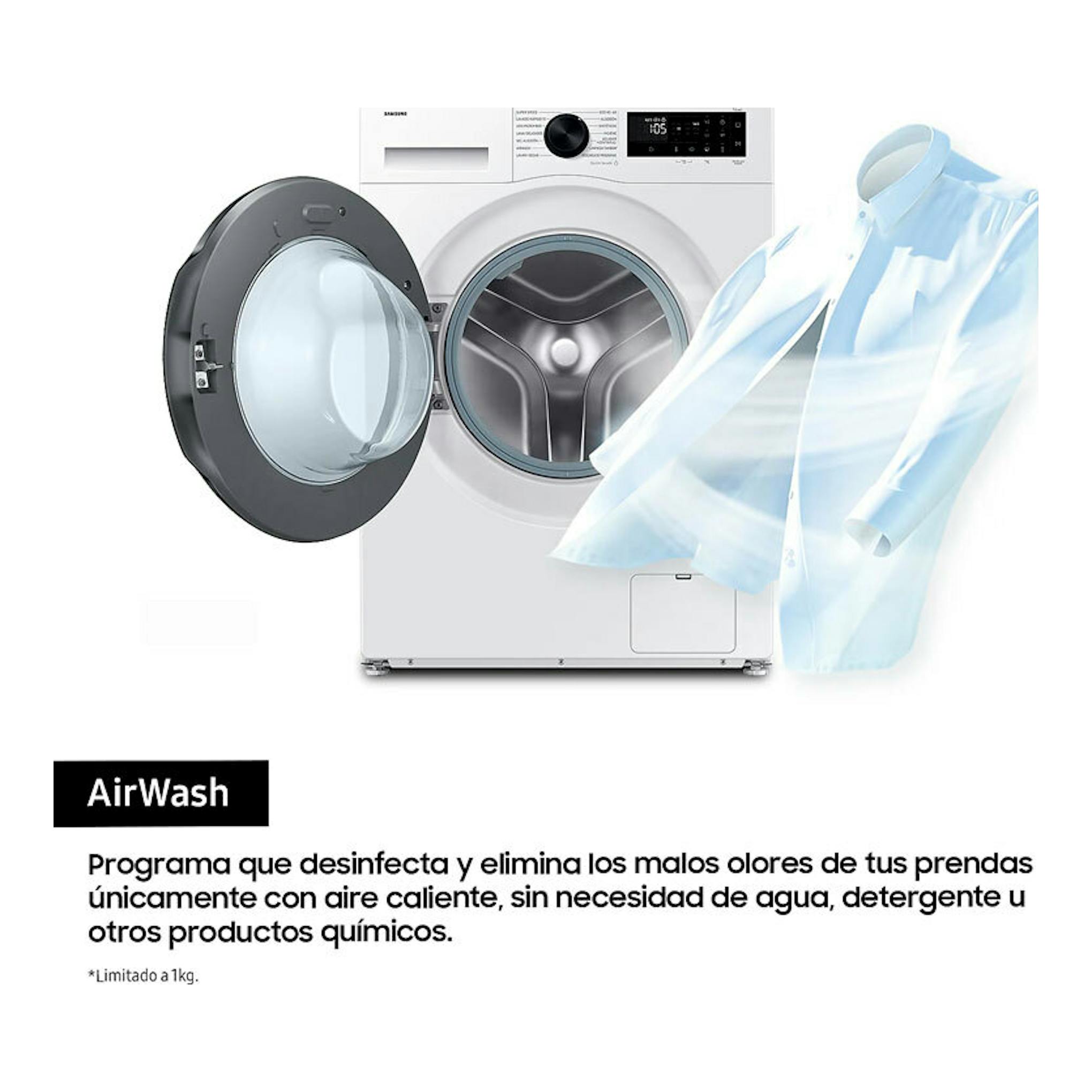 Lavasecadora Samsung WD90DG5G34BEEC blanca, vista frontal, con la puerta abierta y ropa suspendida.