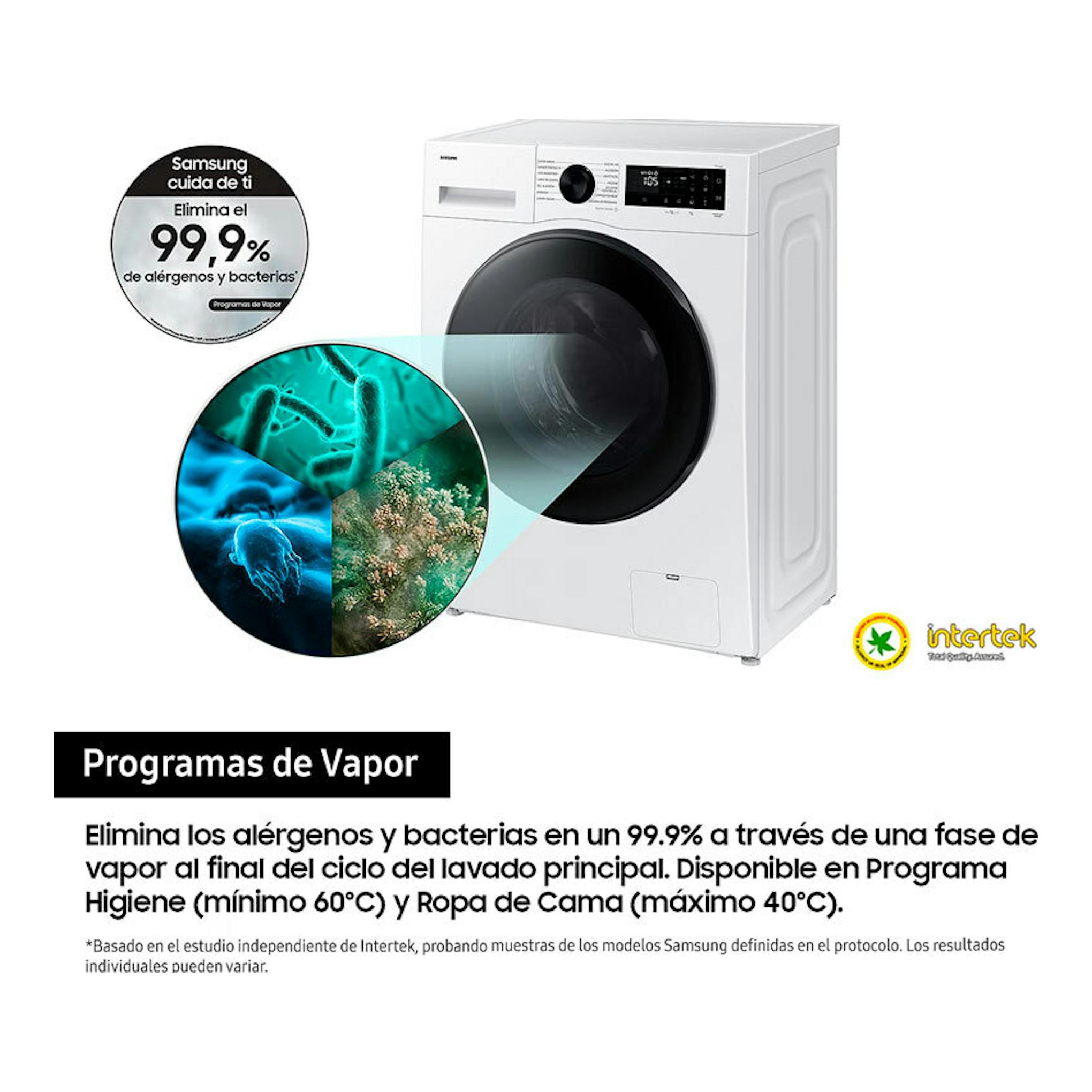 Lavasecadora Samsung WD90DG5G34BEEC blanca, vista frontal, con puerta negra y panel digital.