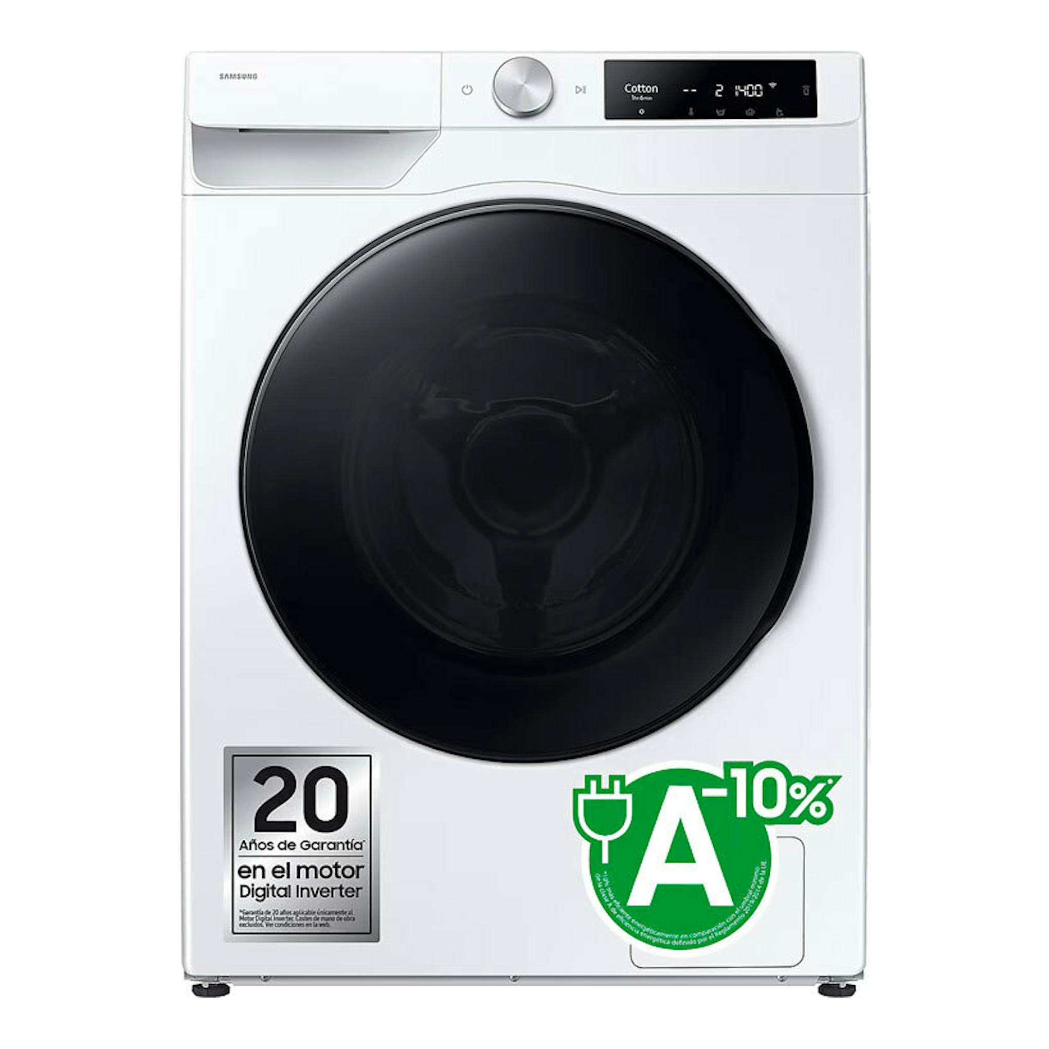 Lavasecadora Samsung WD90DG6B85BEU3 blanca, vista frontal, con puerta circular negra y panel digital superior.