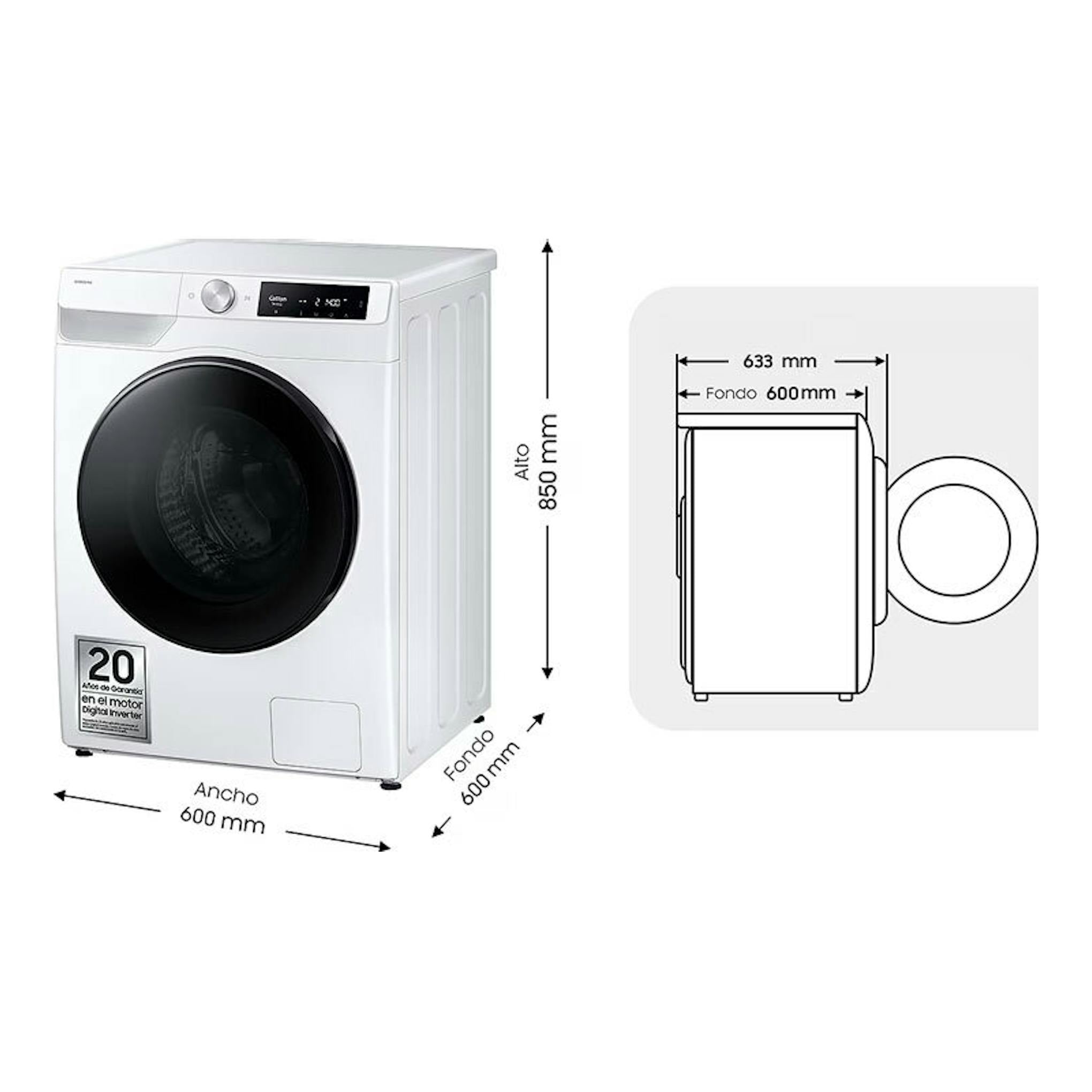 Lavasecadora Samsung WD90DG6B85BEU3 blanca, vista frontal, con puerta negra y medidas 600x850x600 mm.
