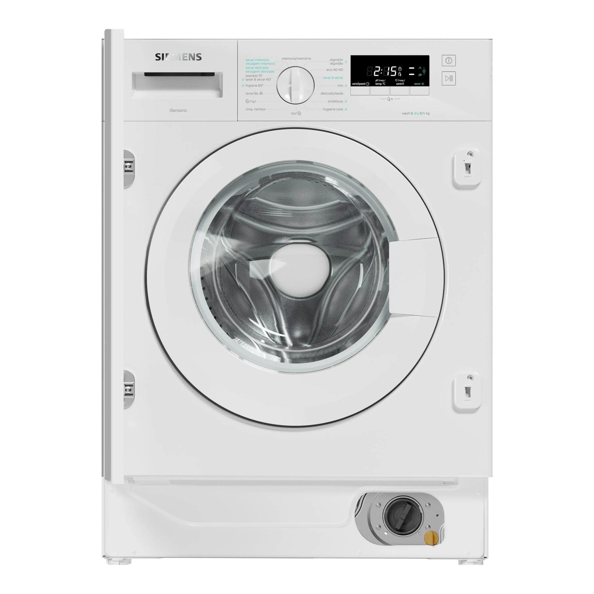 Lavasecadora Siemens WK14D260ES blanca, vista frontal, con puerta circular y panel digital.