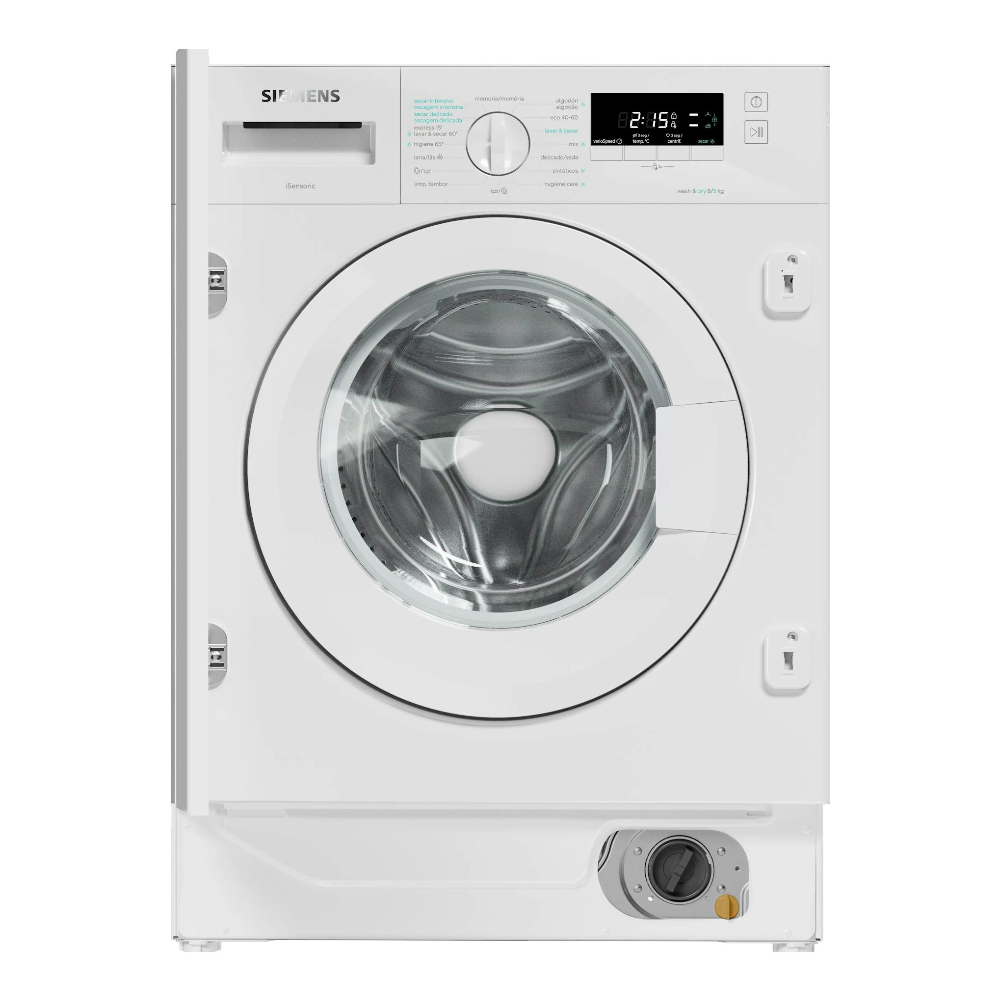 Lavasecadora Siemens WK14D260ES blanca, vista frontal, con puerta circular y panel digital.