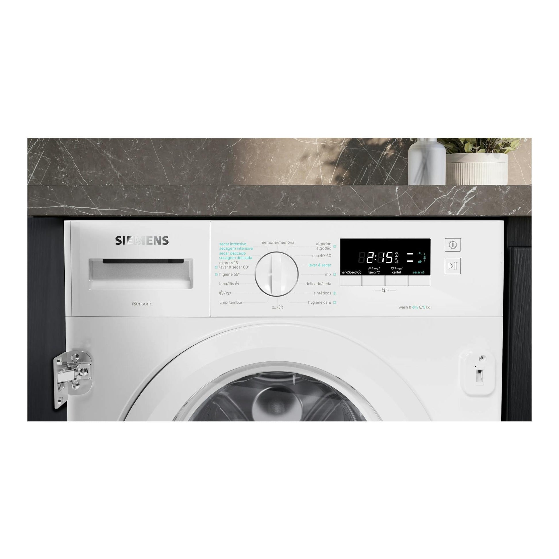 Lavasecadora integrada Siemens WK14D260ES blanca, vista frontal del panel de control.